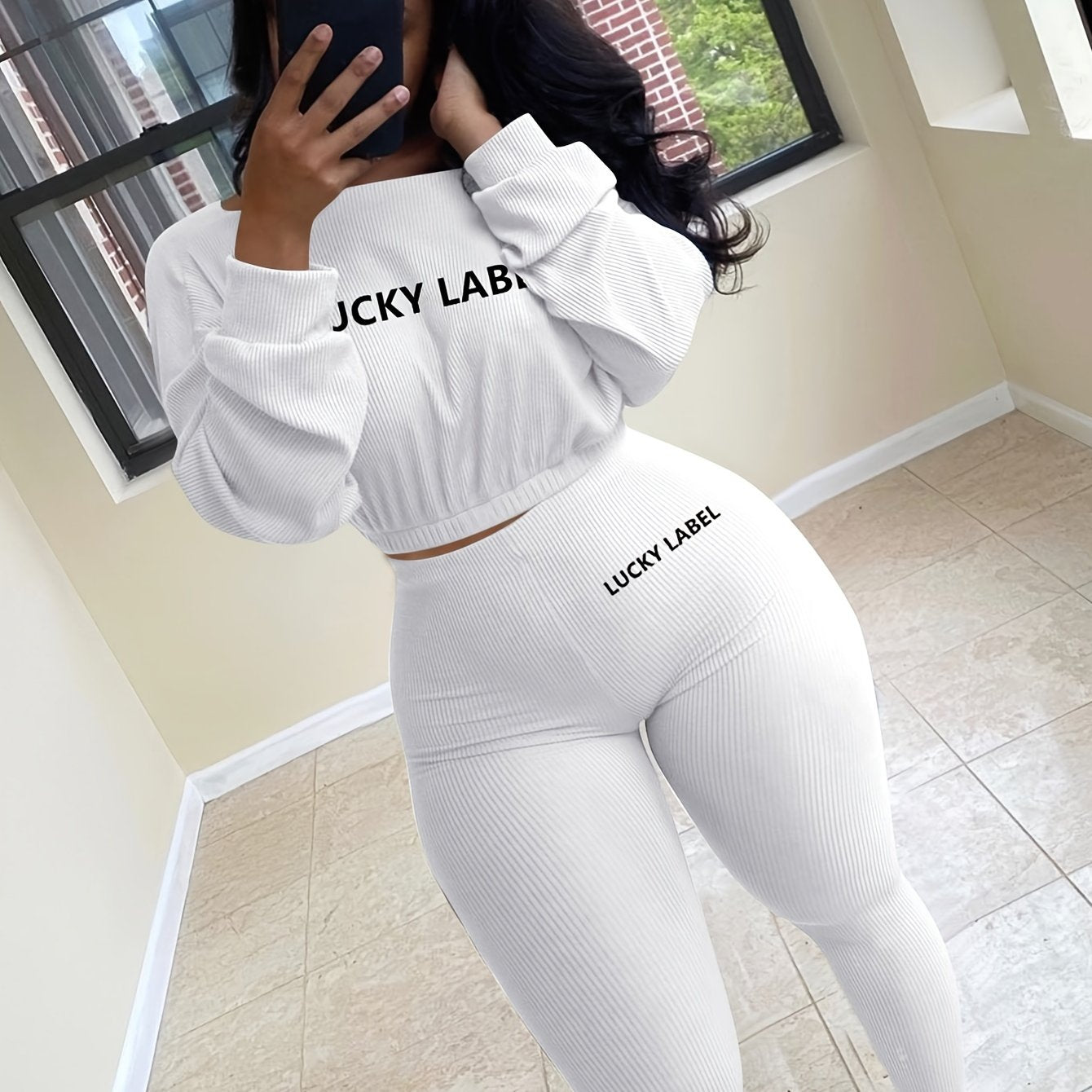 gbolsos Letter Print 2pc Set, Drop Shoulder Crew Neck Sweatshirt & Elastic Waist Jogging Pants Set, Women's Clothing