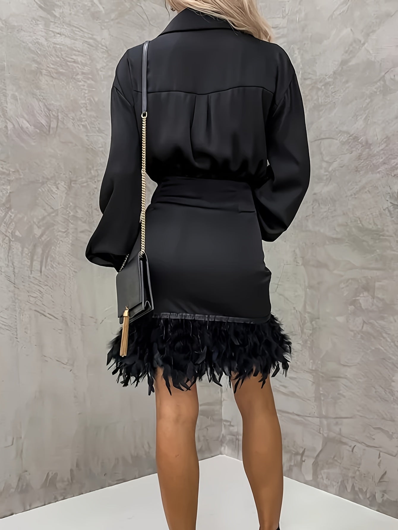 gbolsos Fluffy Solid Dress, Casual Button Front Long Sleeve Bag Hip Dress, Women's Clothing