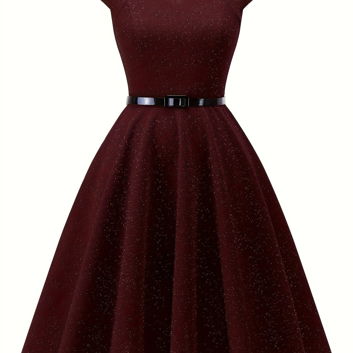 gbolsos Solid Color Cap Sleeve Dress, Vintage V Neck A-line Flare Dress, Women's Clothing
