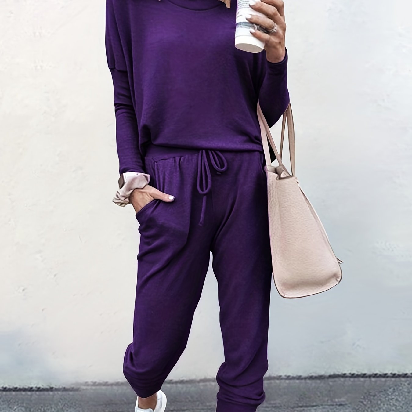 gbolsos Casual Solid Two-piece Set, Long Sleeve T-shirt & Drawstring Pants Outfits, Women's Clothing