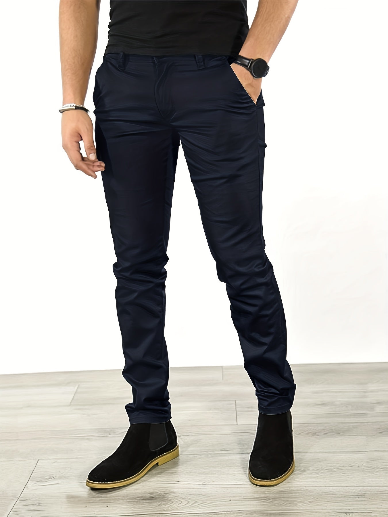 gbolsos Slim Fit Tapered Slacks, Men's Casual Slightly Stretch Solid Color All Match Pants For All Seasons Business