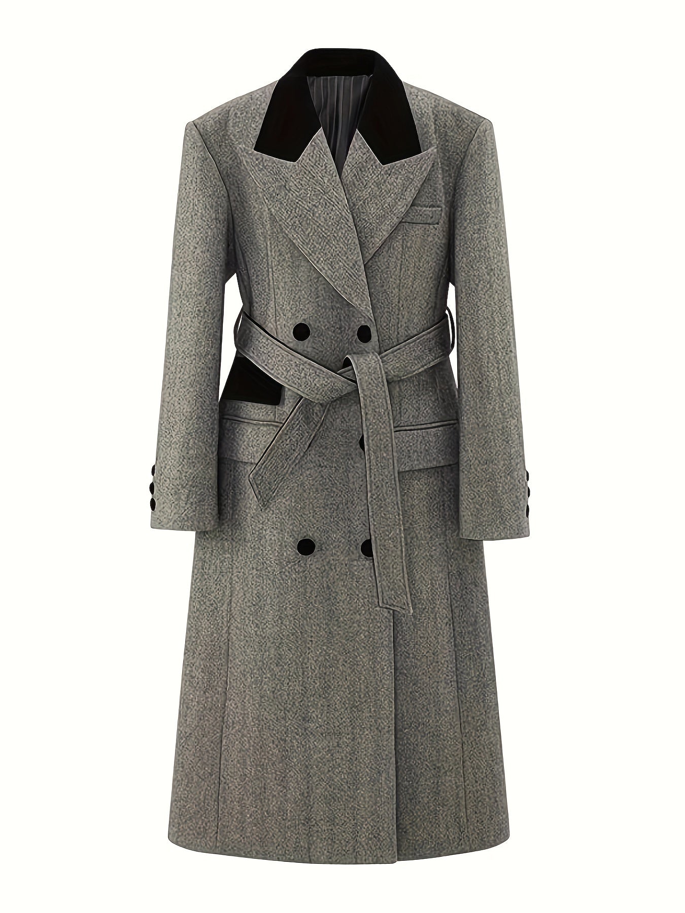 gbolsos Color Block Double-breasted Coat, Casual Long Sleeve Back Vent Tie Lapel Overcoat For Fall & Winter, Women's Clothing