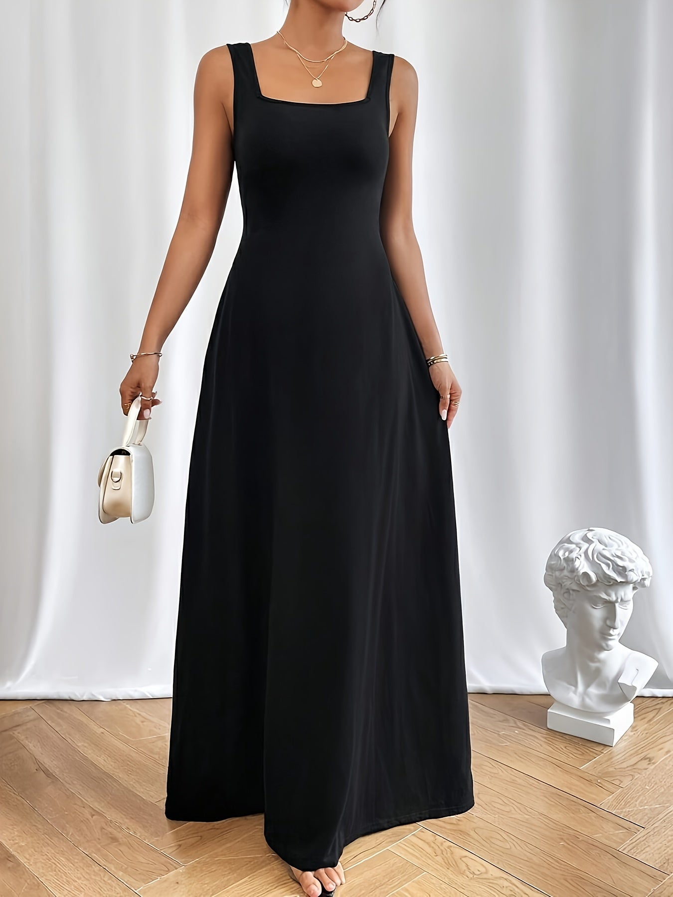gbolsos Solid Square Neck A-line Tank Dress, Casual Sleeveless Ankle Length Tank Dress, Women's Clothing