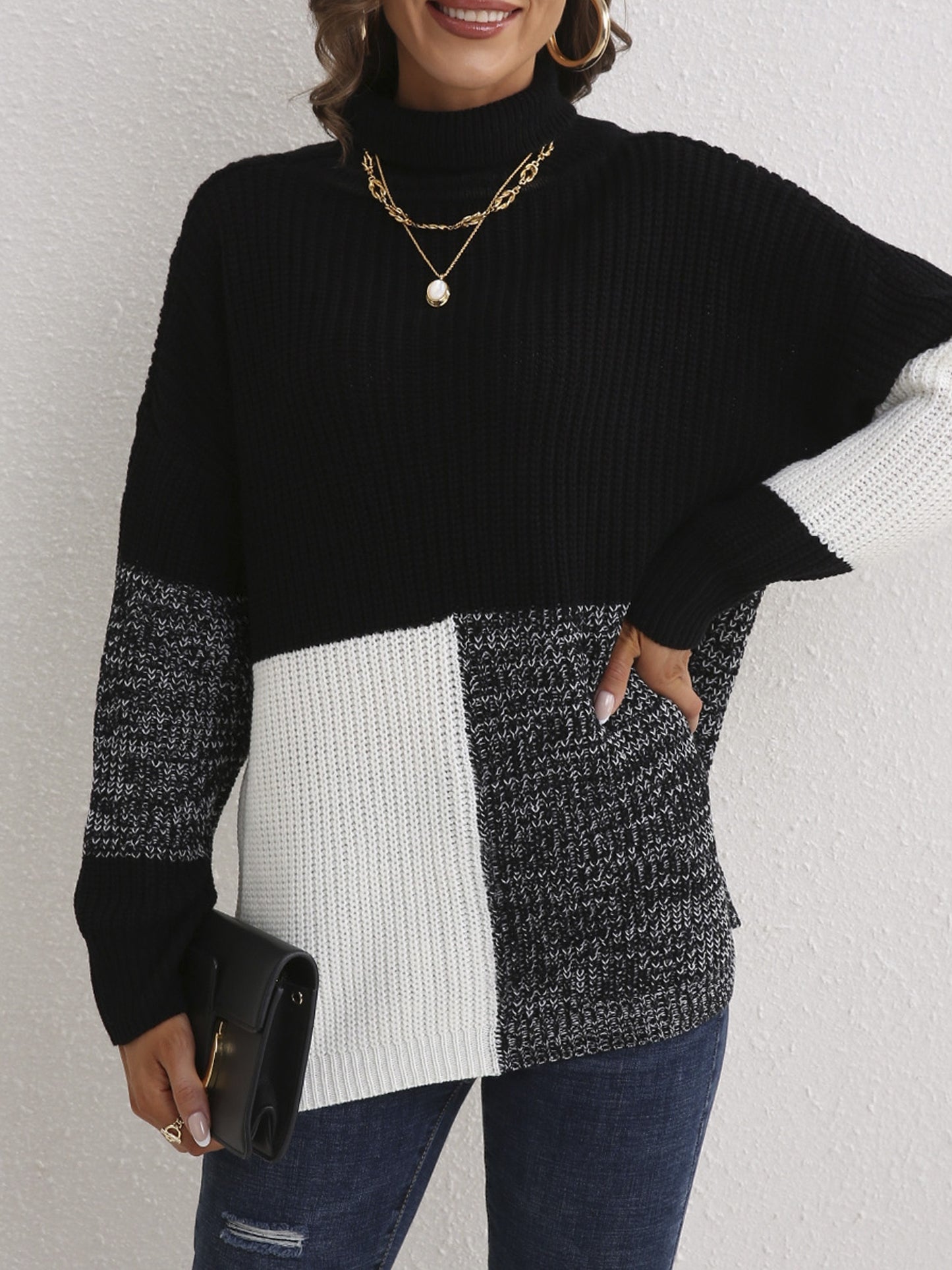 gbolsos Color Block Drop Shoulder Sweater, Long Sleeve Casual Sweater For Fall & Winter, Women's Clothing