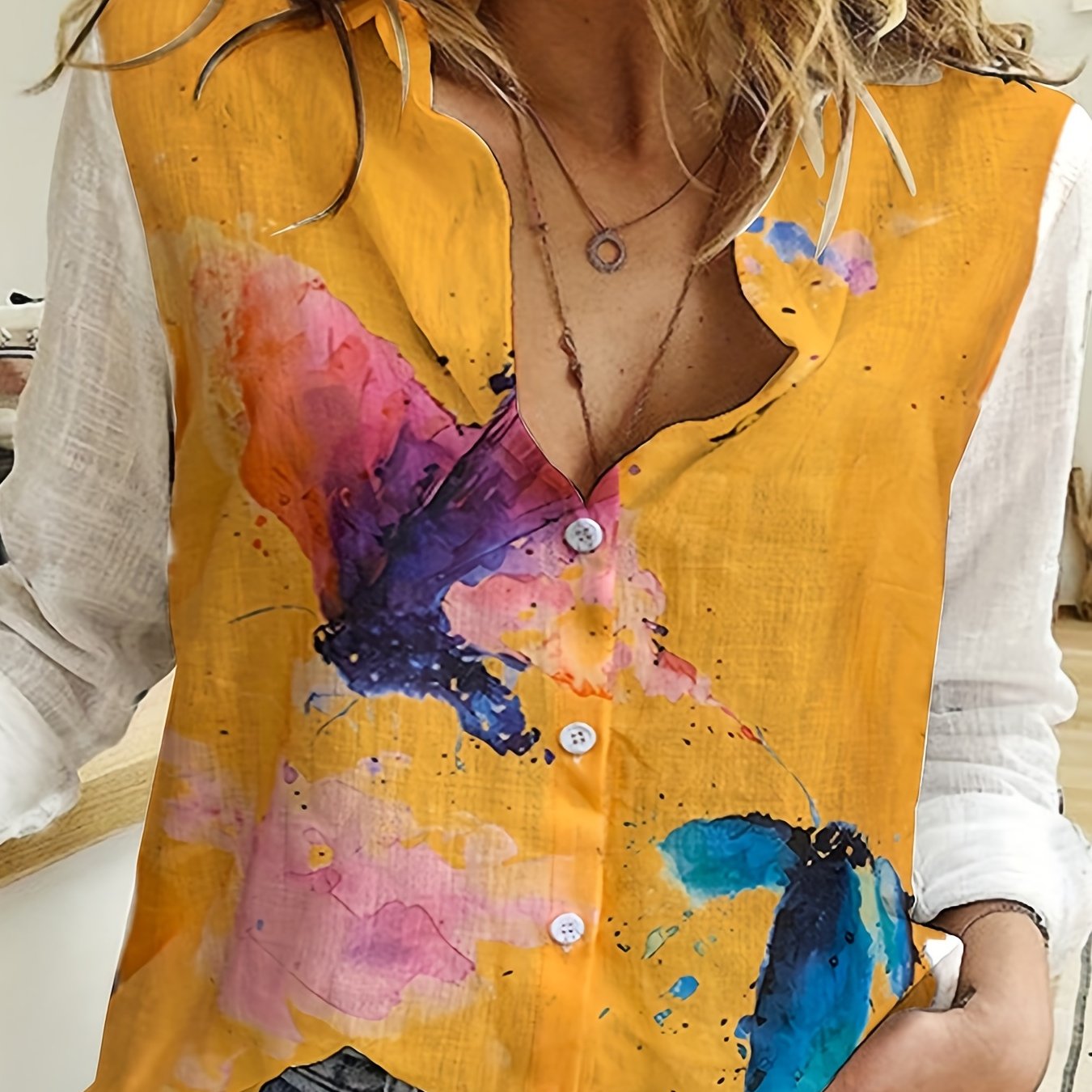 gbolsos Butterfly Print Button Front Shirt, Casual Long Sleeve Shirt For Spring & Fall, Women's Clothing