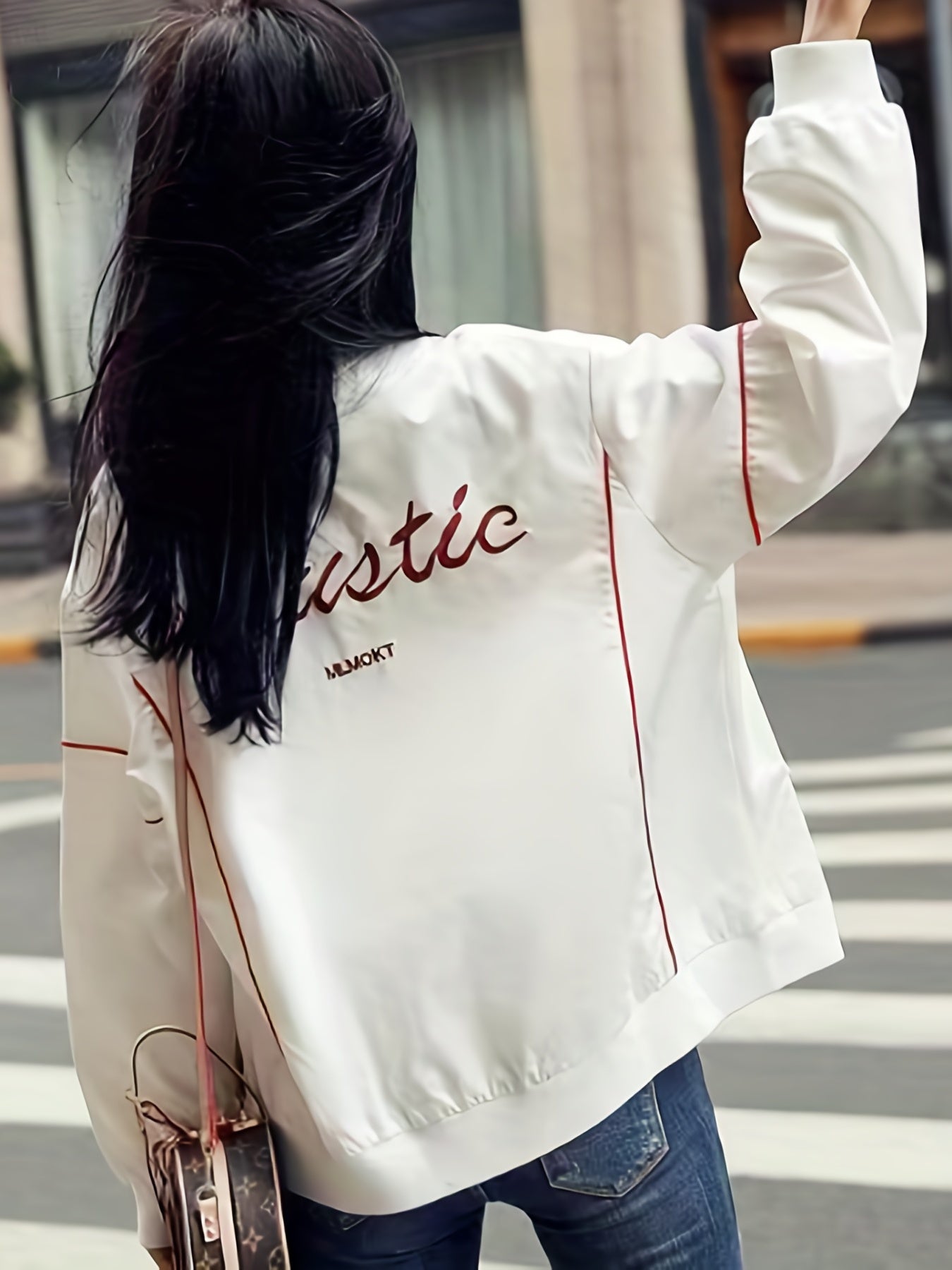 gbolsos Letter Pattern Bomber Jacket, Casual Zip Up Long Sleeve Outerwear, Women's Clothing