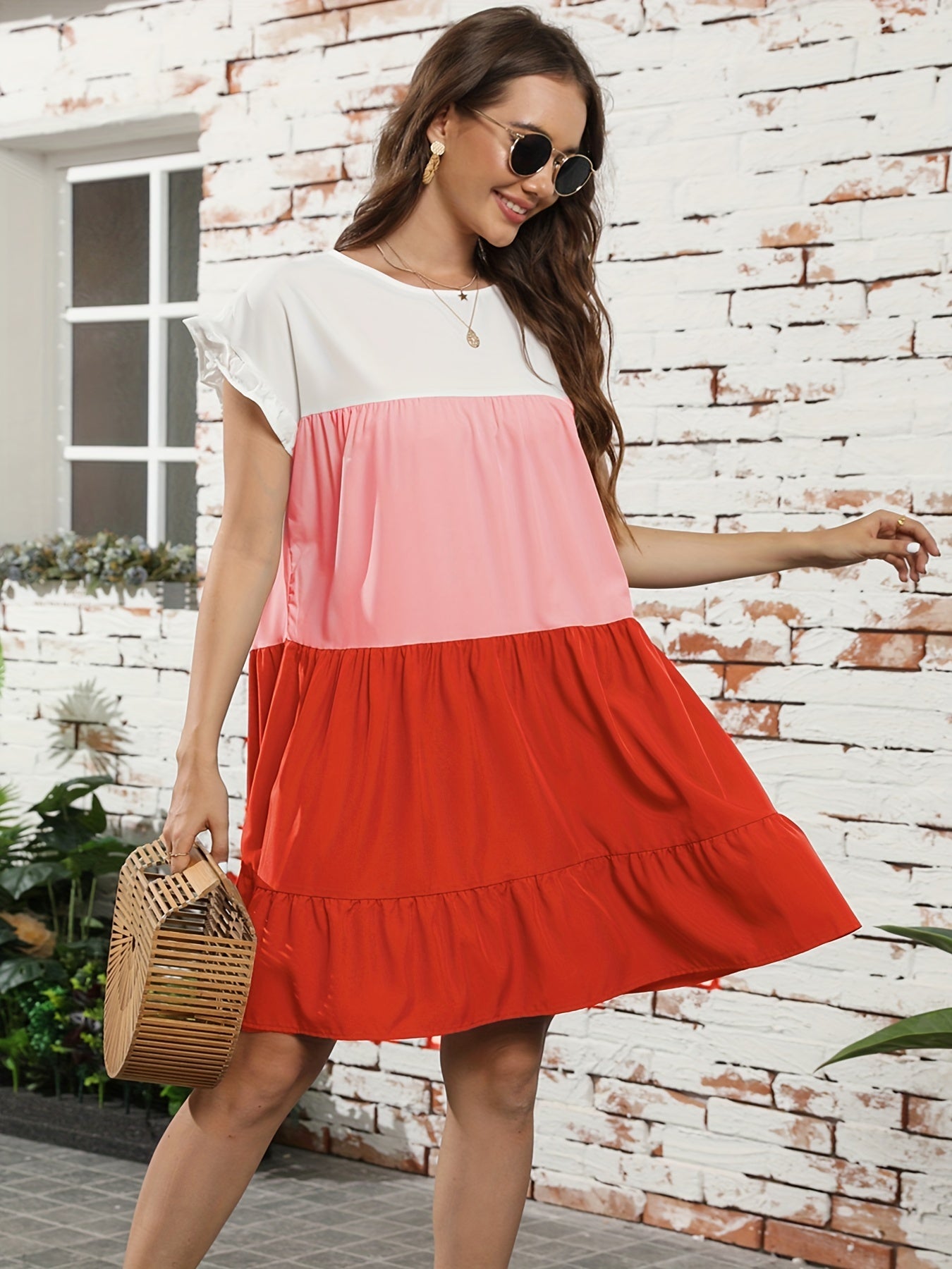 Color Block Ruffle Hem Dress, Casual Crew Neck Short Sleeve Dress, Women's Clothing