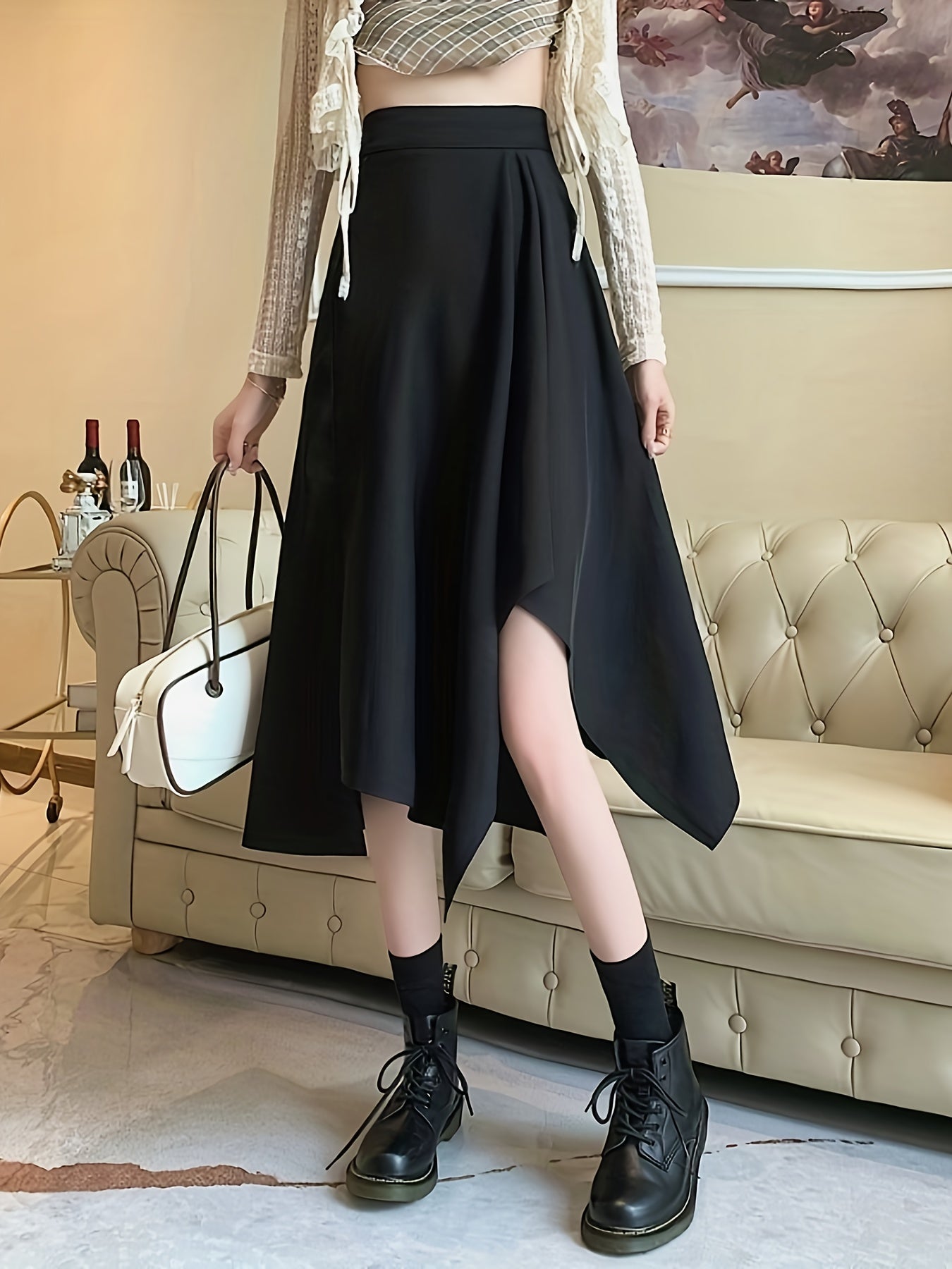 gbolsos Solid High Waist Draped Skirt, Casual Asymmetrical Hem Flared Midi Skirt, Women's Clothing