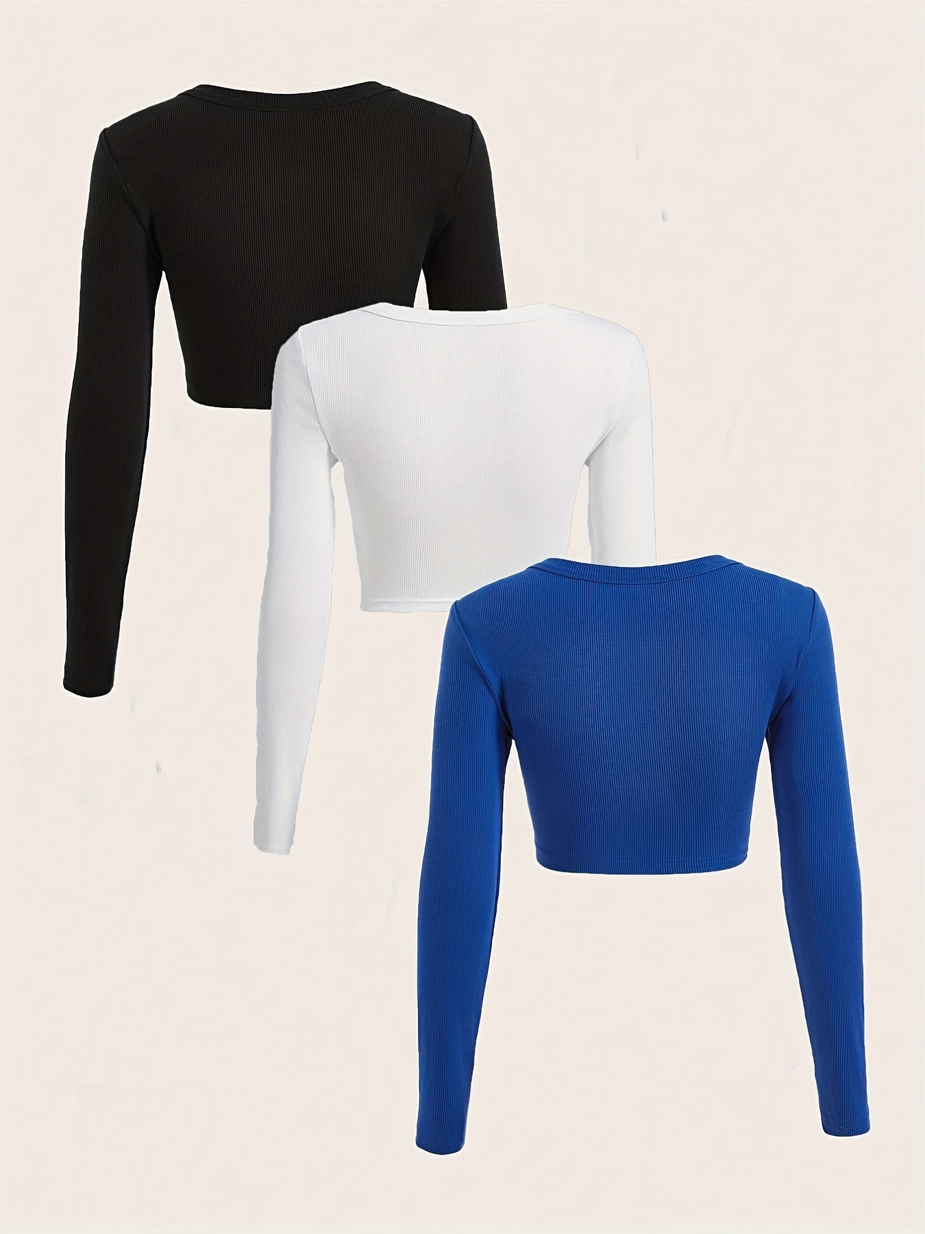 gbolsos 3 Packs Ribbed Square Neck Crop T-Shirts, Casual Long Sleeve Top For Spring & Fall, Women's Clothing