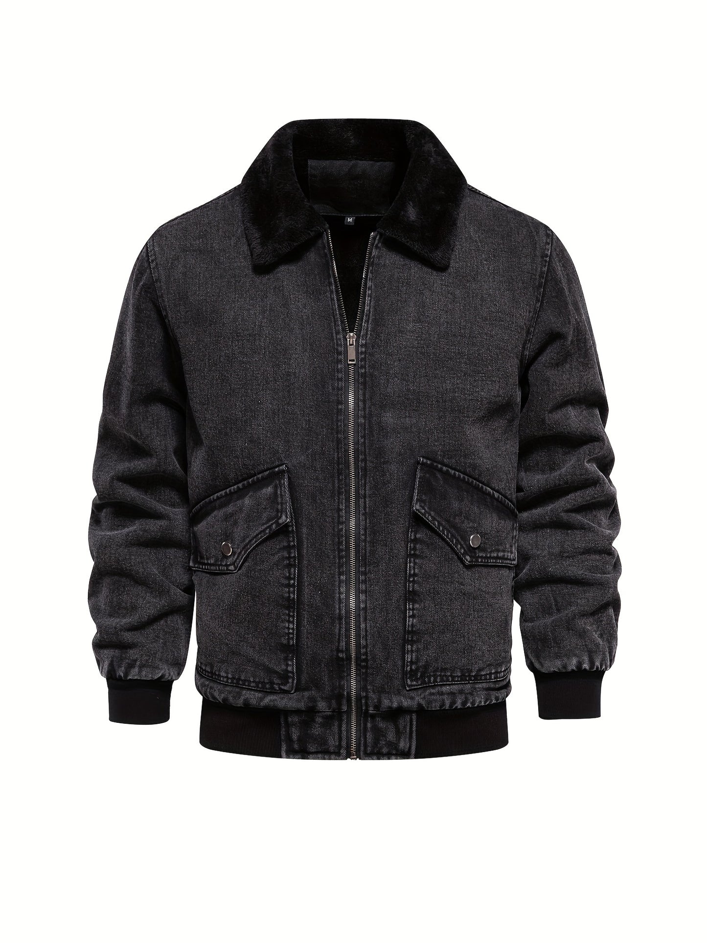 gbolsos Warm Fleece Denim Jacket, Men's Casual Flap Pocket Jacket Coat With Fur Collar For Fall Winter