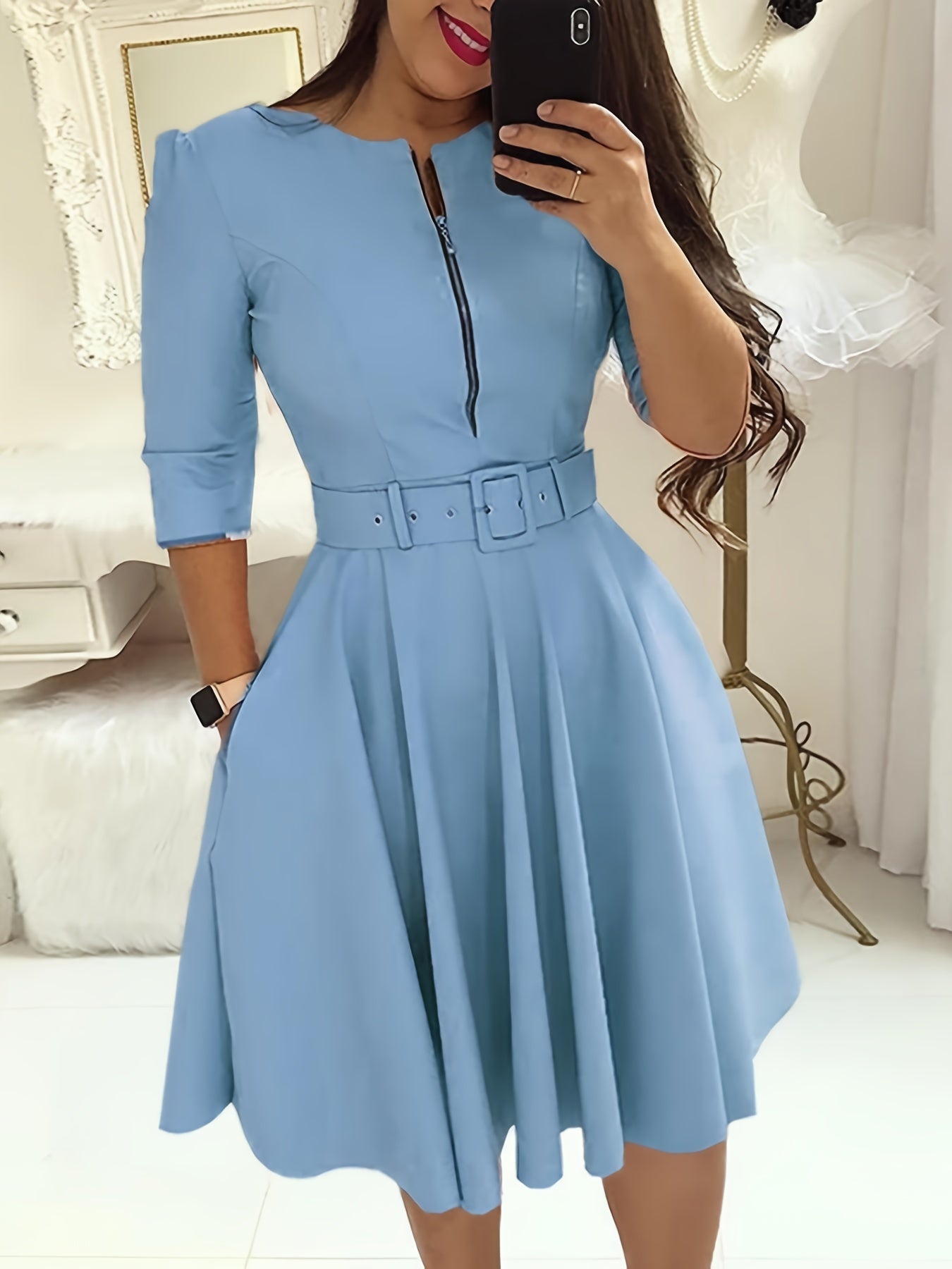gbolsos Women's Dresses Solid Crew Neck Zipper Dresses
