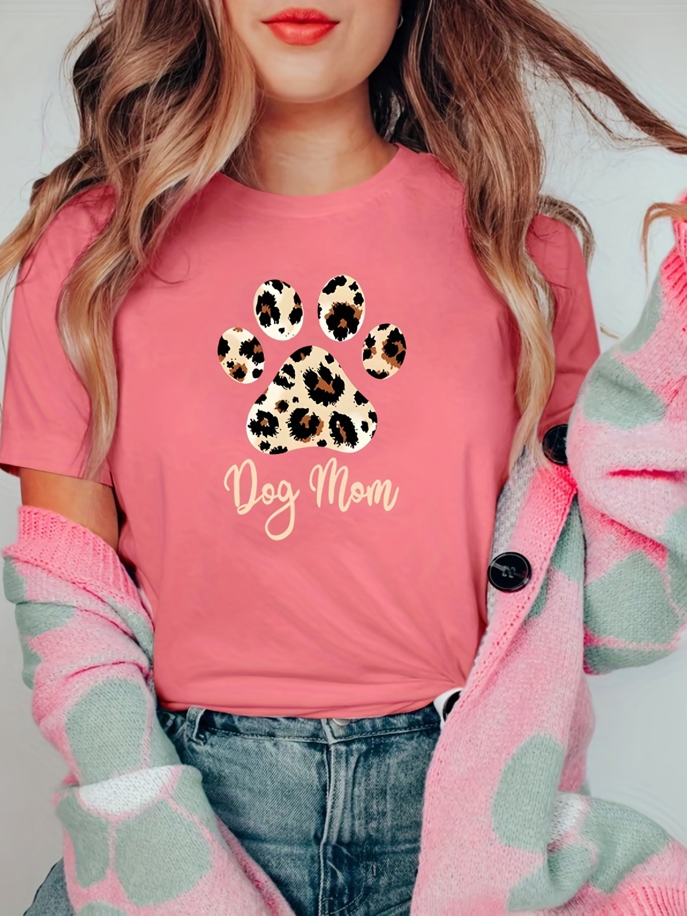 gbolsos Women Funny Leopard Print Dog Mama Graphic Tee, Summer Casual Crew Neck T-shirt, Women's Clothing