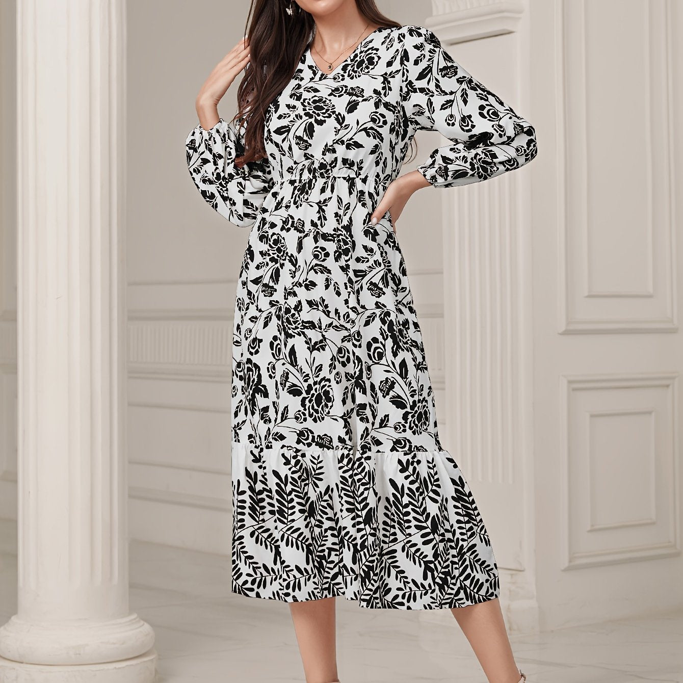 gbolsos Floral & Leaves Print V-neck Dress, Elegant Elastic Waist Long Sleeve Dress For Spring & Fall, Women's Clothing
