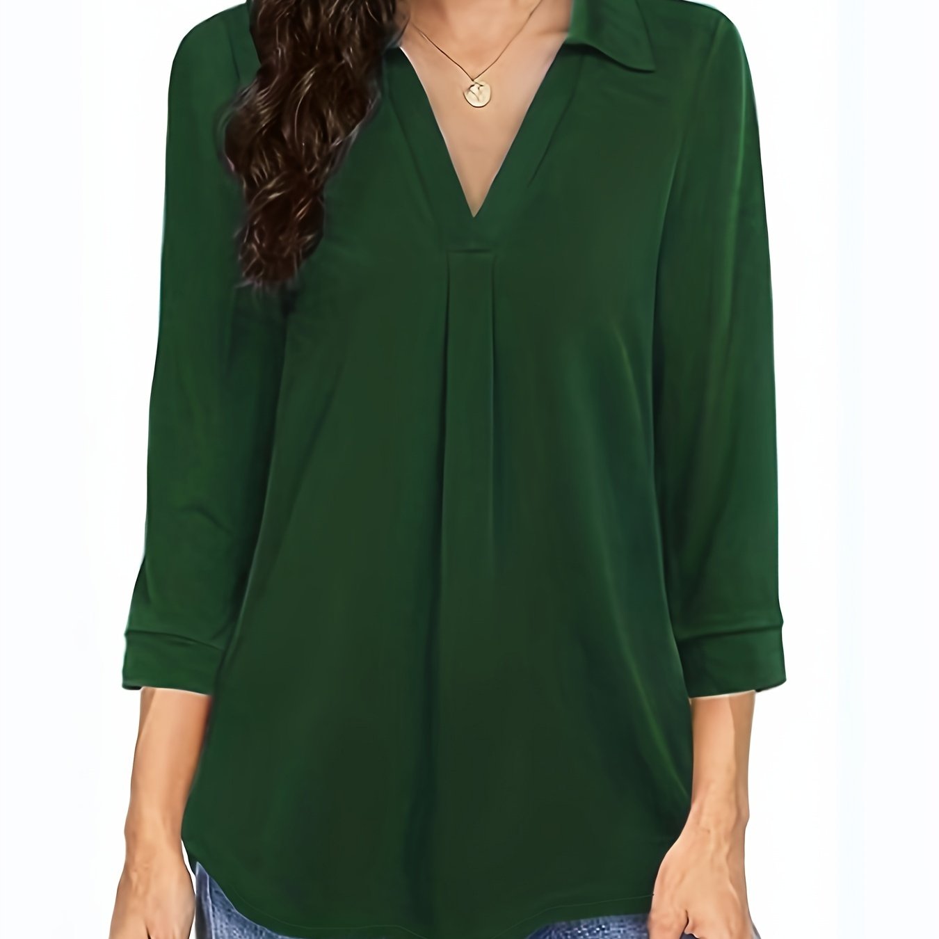 gbolsos Plus Size Casual Blouse, Women's Plus Solid Half Sleeve Turn Down Collar Tunic Top