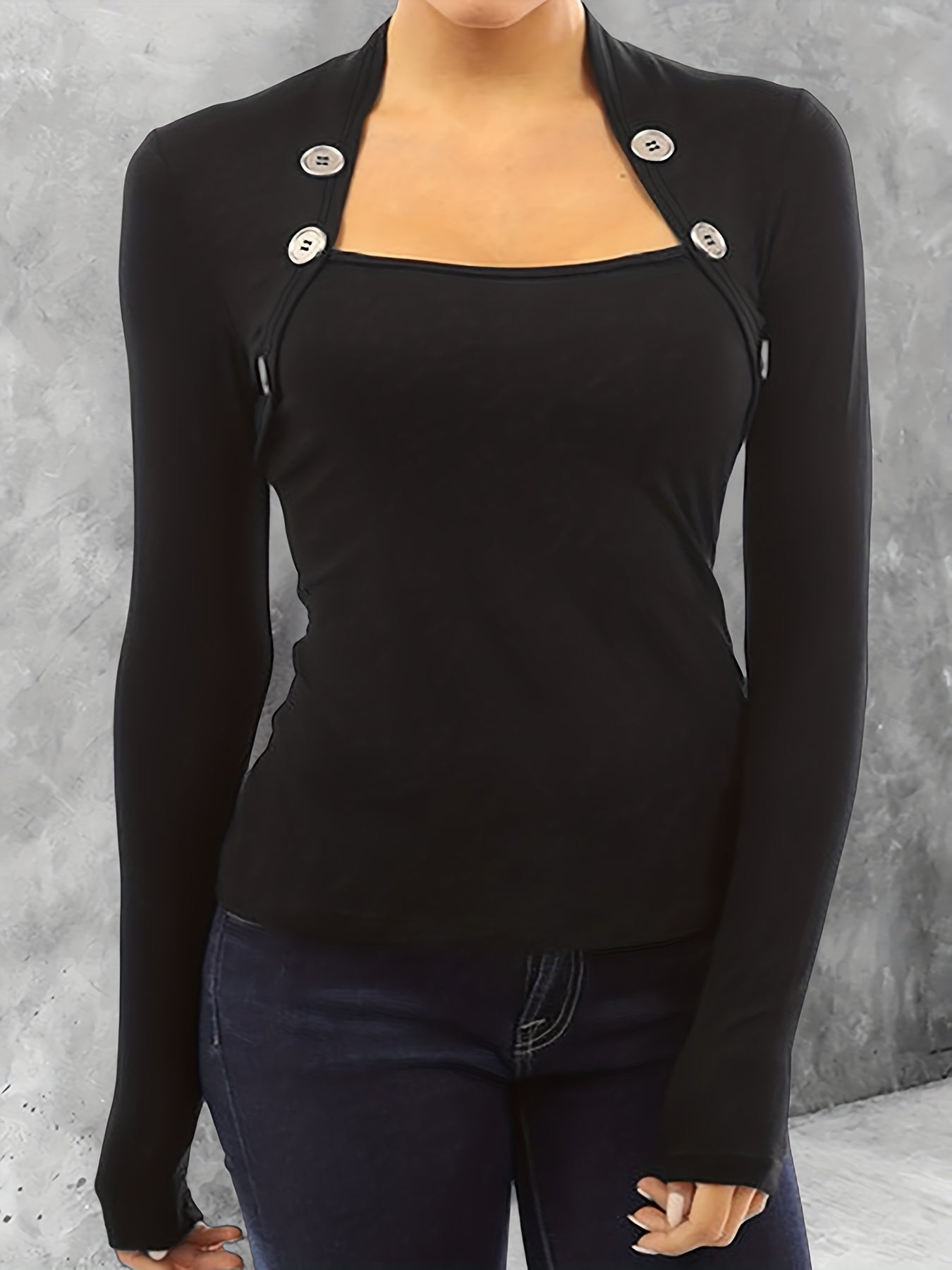 gbolsos Solid Button Decor T-Shirt, Casual Long Sleeve Top For Spring & Fall, Women's Clothing