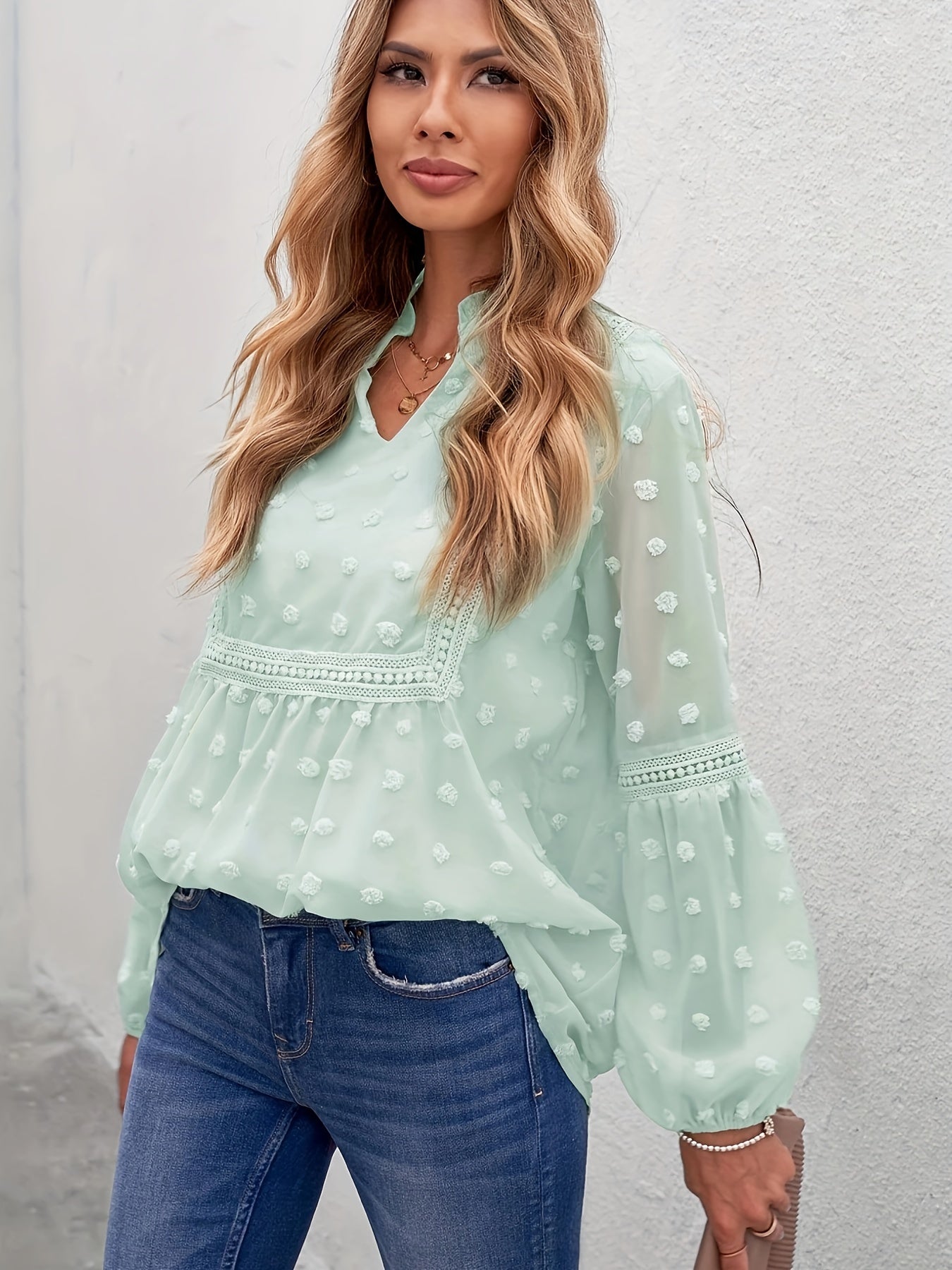 gbolsos Swiss Dot Contrast Lace Blouse, Elegant V Neck Lantern Sleeve Blouse, Women's Clothing