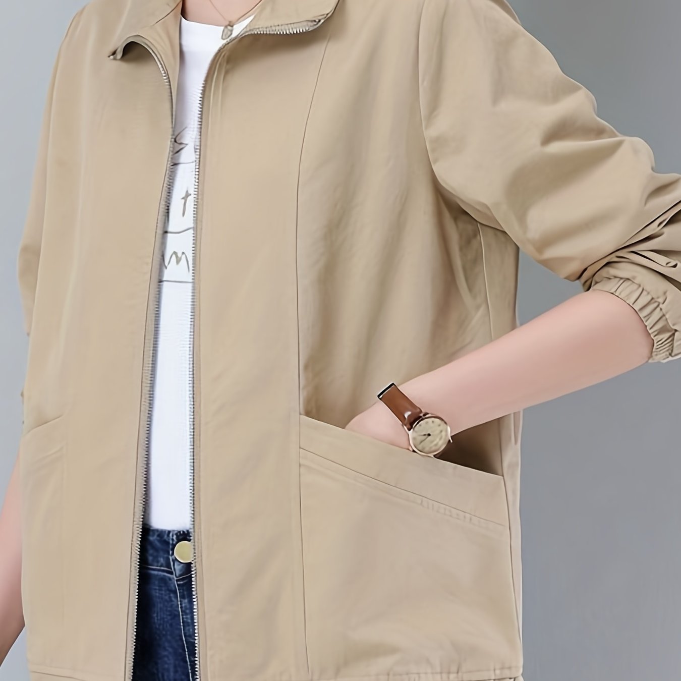 gbolsos Zip Up Pocket Front Jacket, Casual Long Sleeve Solid Outerwear, Women's Clothing