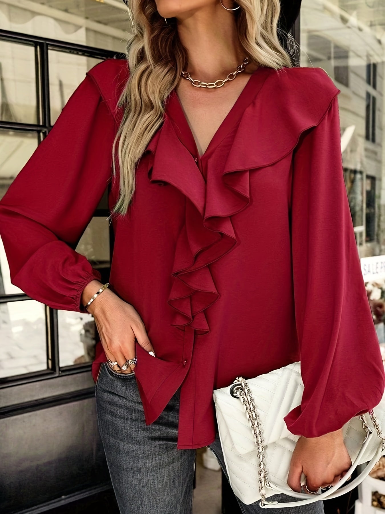 gbolsos Ruffle Trim Solid Blouse, Elegant V Neck Lantern Sleeve Blouse, Women's Clothing