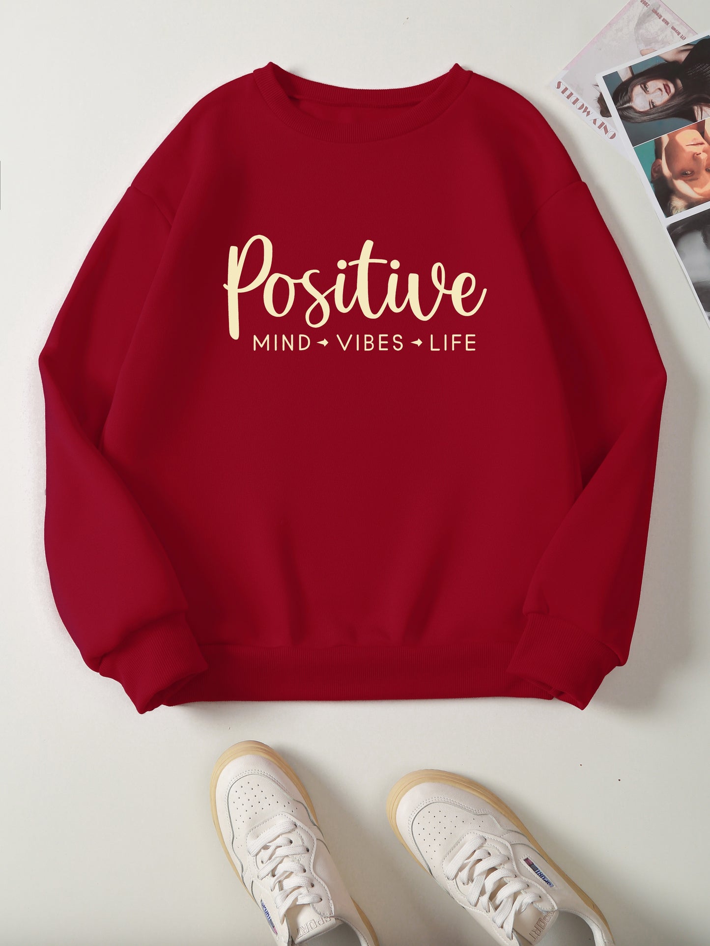 Positive Print Pullover Sweatshirt, Casual Long Sleeve Crew Neck Sweatshirt For Fall & Winter, Women's Clothing