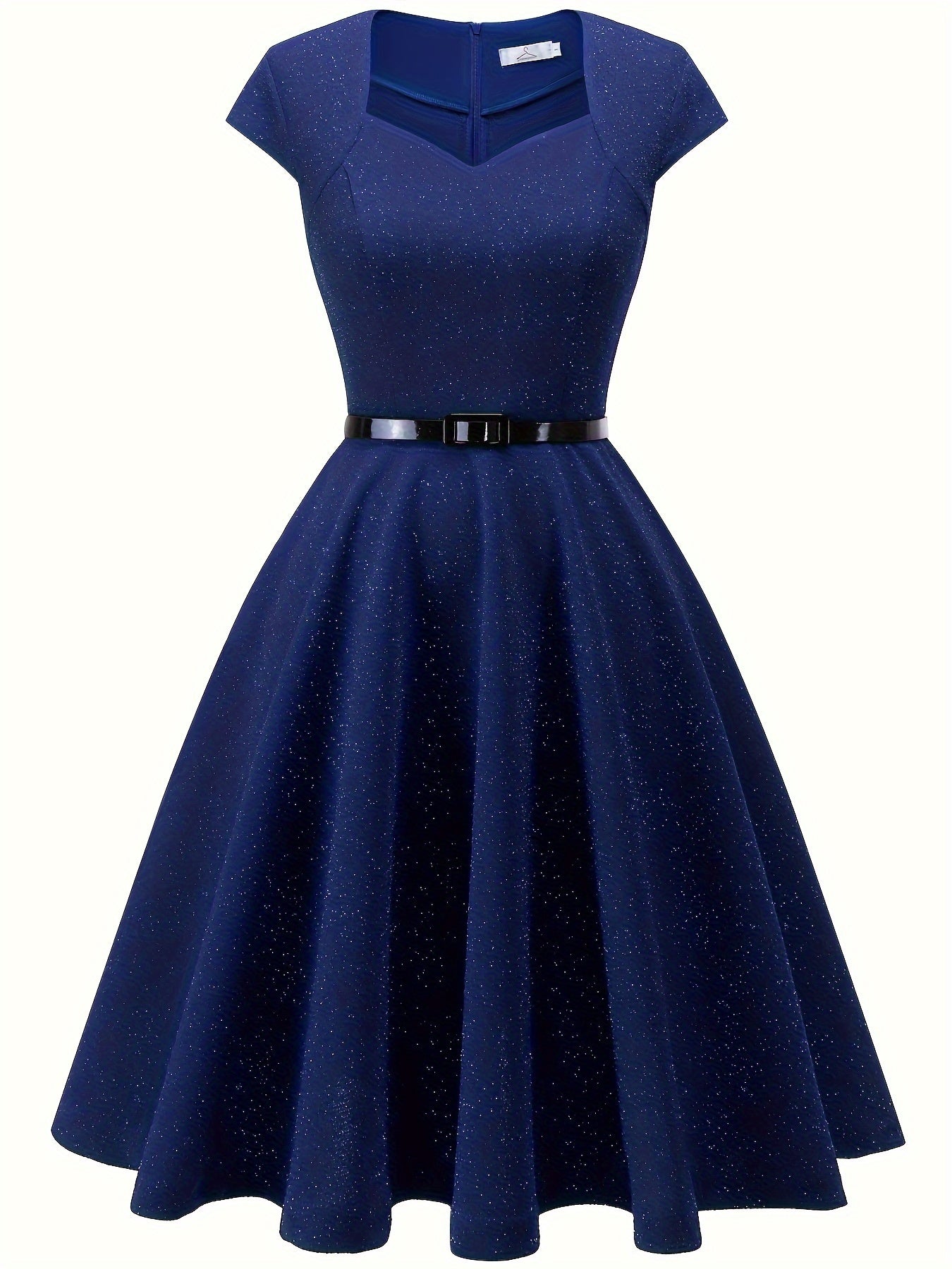 gbolsos Solid Color Cap Sleeve Dress, Vintage V Neck A-line Flare Dress, Women's Clothing