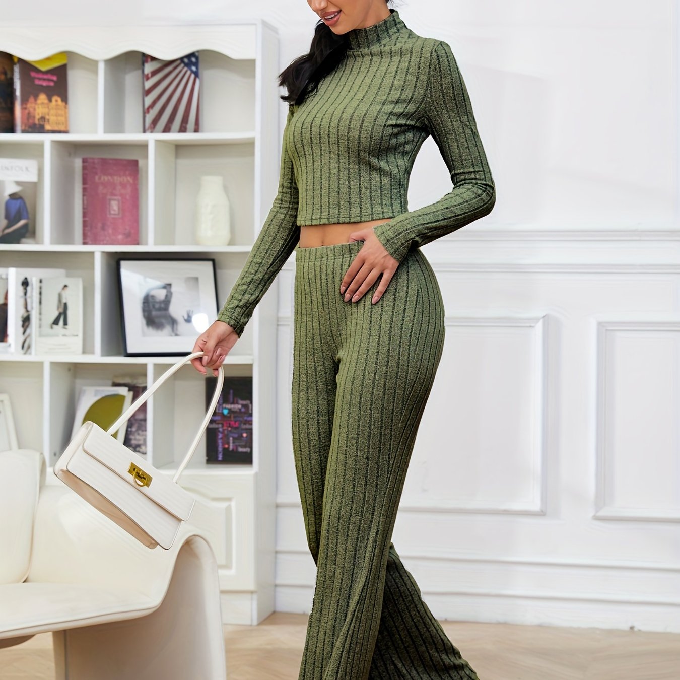 gbolsos Solid Ribbed Two-piece Set, High Neck Long Sleeve Tops & High Waist Flared Leg Pants Outfits, Women's Clothing