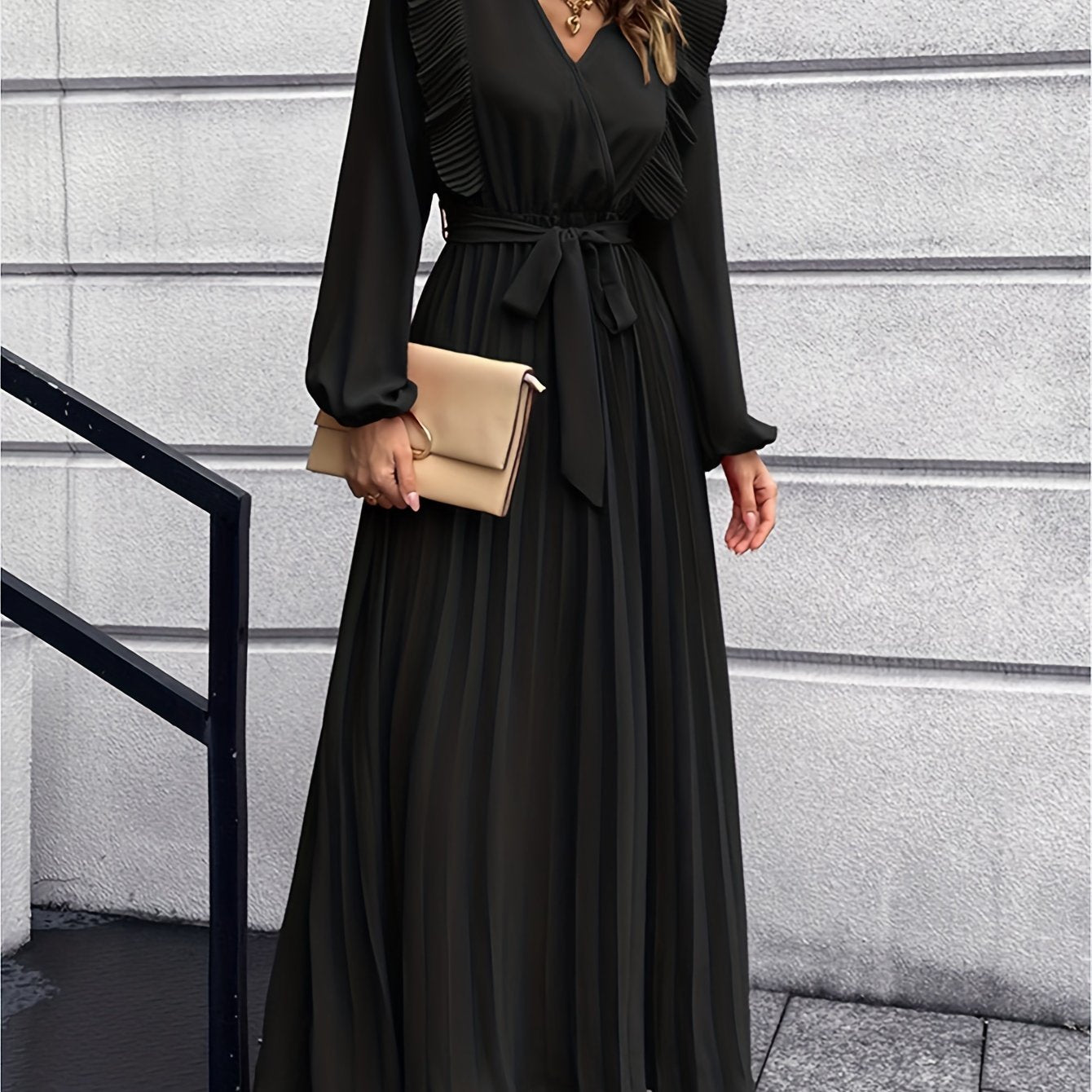Ruffle Trim Pleated Dress, Casual V Neck Long Sleeve Solid Dress, Women's Clothing