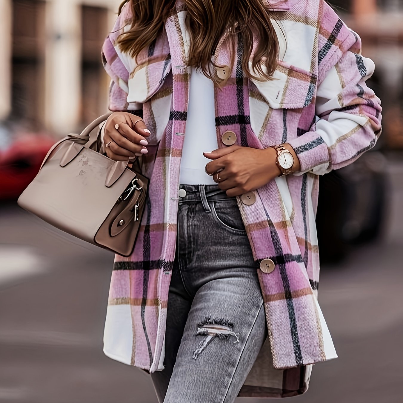 gbolsos Plaid Print Shacket Jacket, Casual Button Front Long Sleeve Outerwear, Women's Clothing