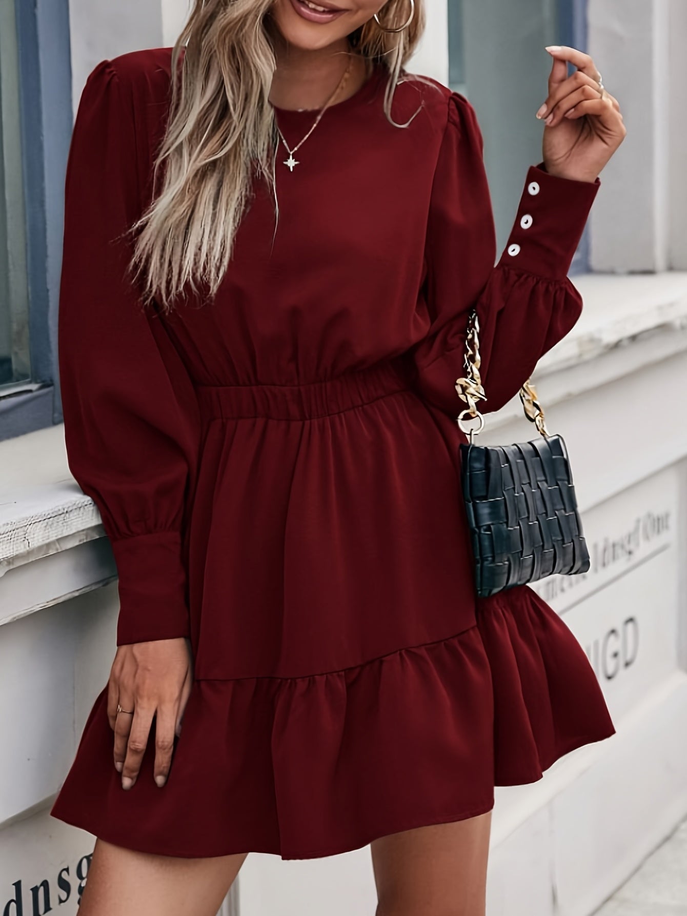 gbolsos Ruffle Hem Solid Dress, Elegant Keyhole Crew Neck Long Sleeve Dress, Women's Clothing