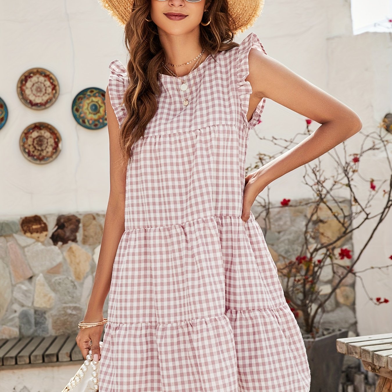 gbolsos Plaid Ruffle Hem Dress, Casual Crew Neck Dress For Spring & Summer, Women's Clothing