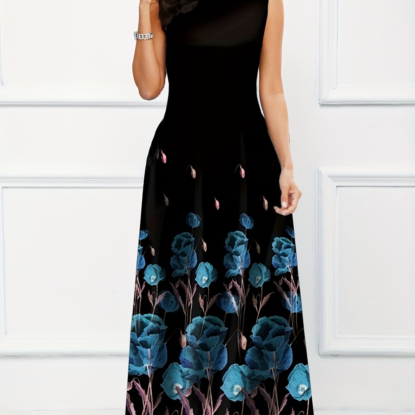 gbolsos Floral Print A-line Long Dress, Elegant Crew Neck Sleeveless Waist Summer Swing Dresses, Women's Clothing