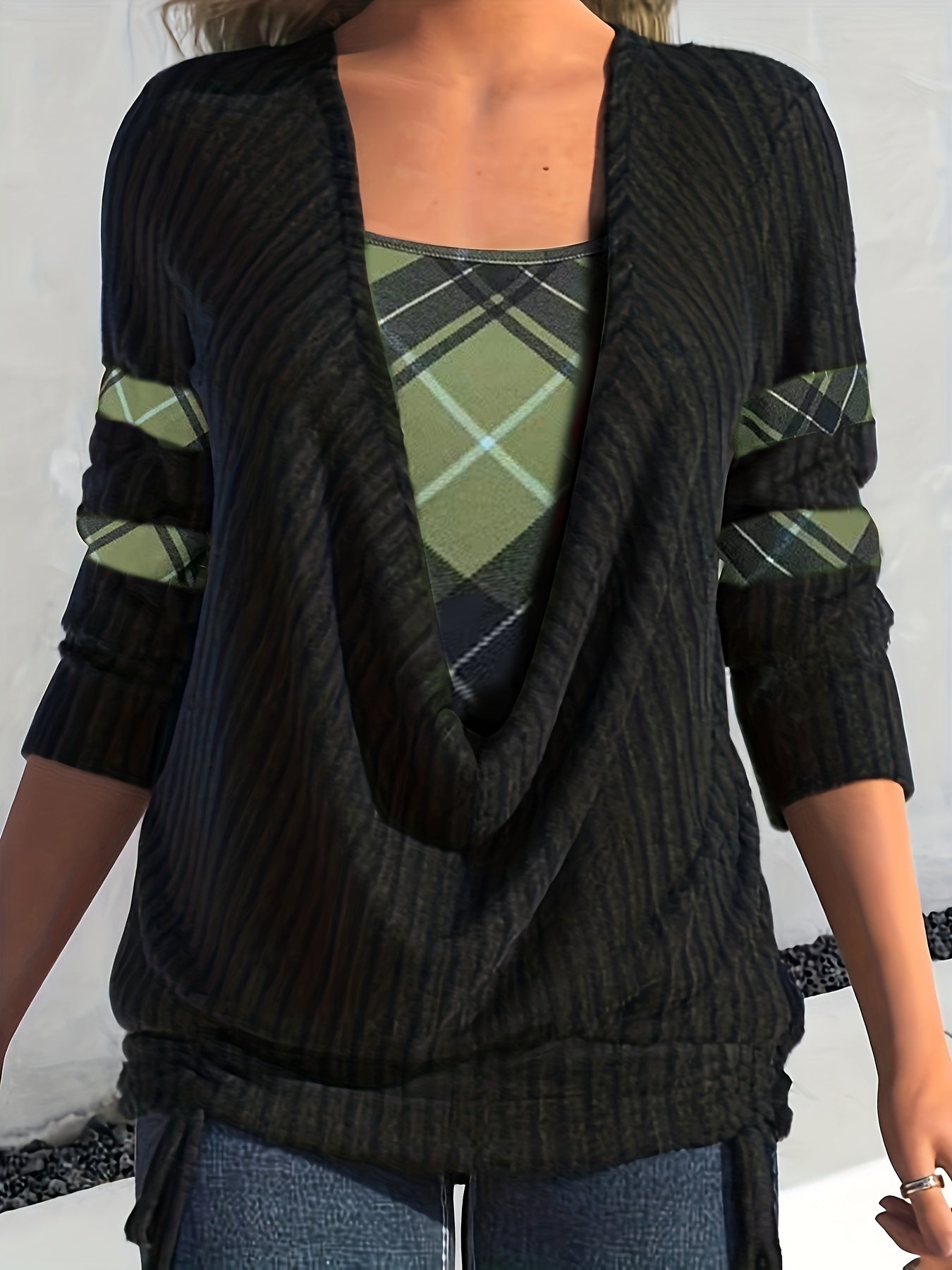 Plus Size Casual Top, Women's Plus Colorblock Plaid Print Ribbed Long Sleeve Cowl Neck Medium Stretch Top