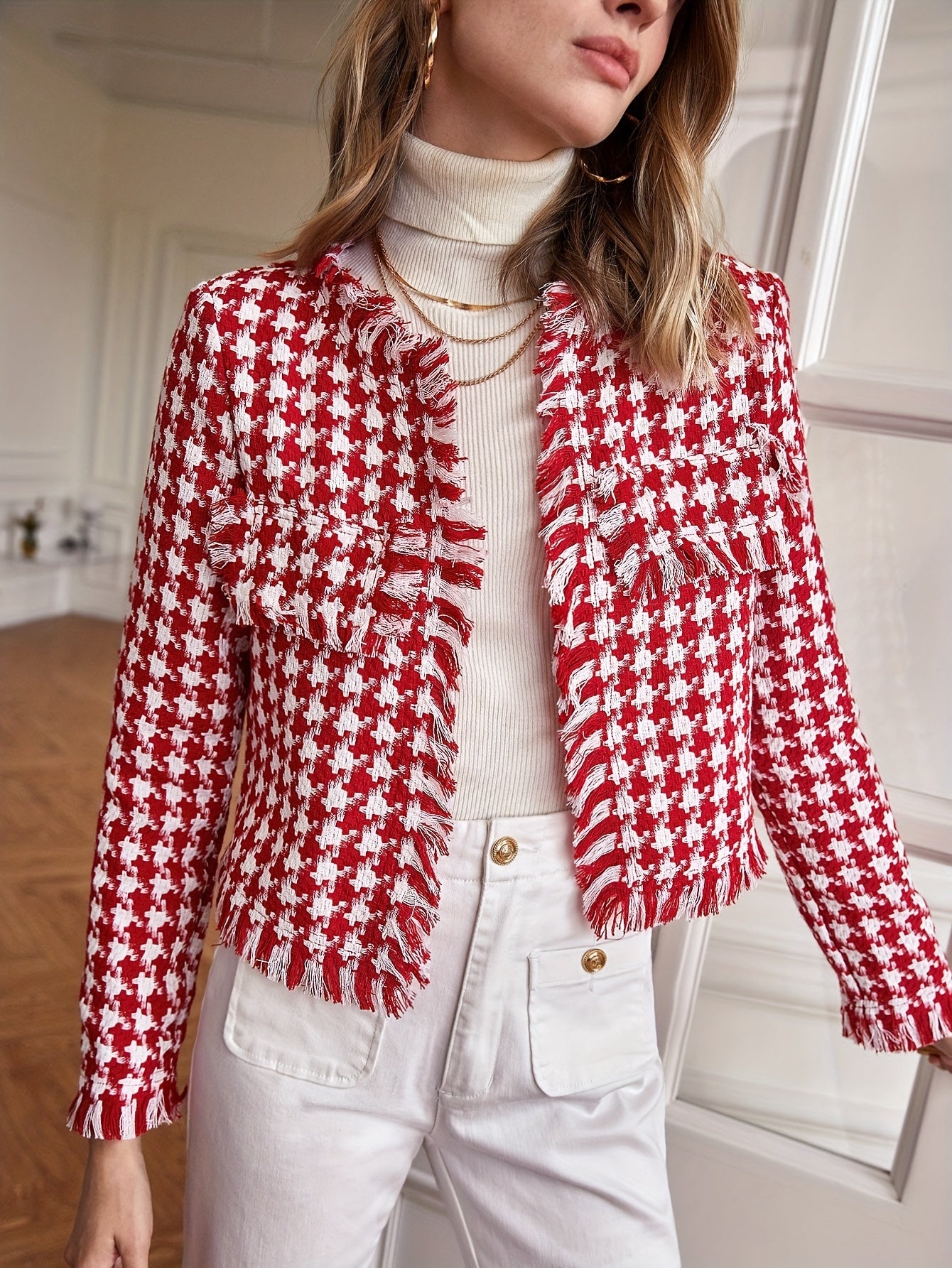 gbolsos Plaid Raw Hem Jacket, Casual Open Front Long Sleeve Outerwear, Women's Clothing