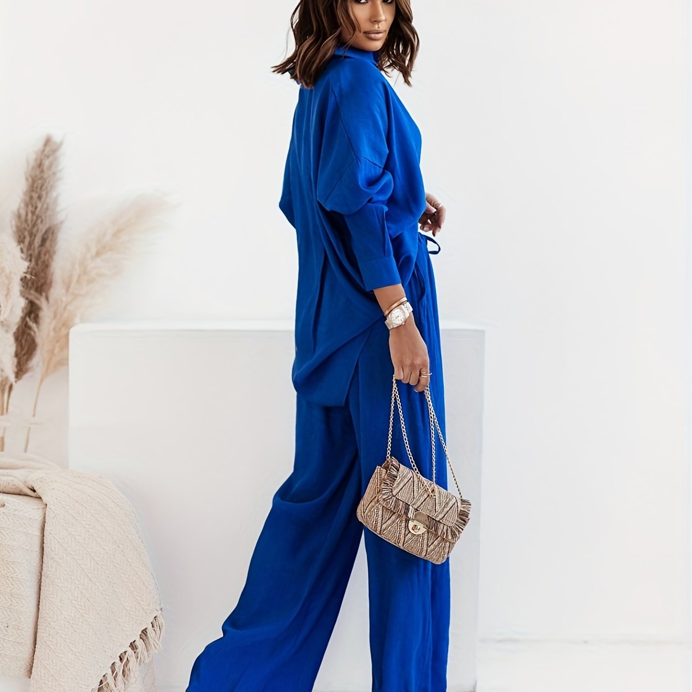 gbolsos Solid Casual Two-piece Set, Button Front Turn Down Collar Shirt & High Waist Wide Leg Pants Outfits, Women's Clothing