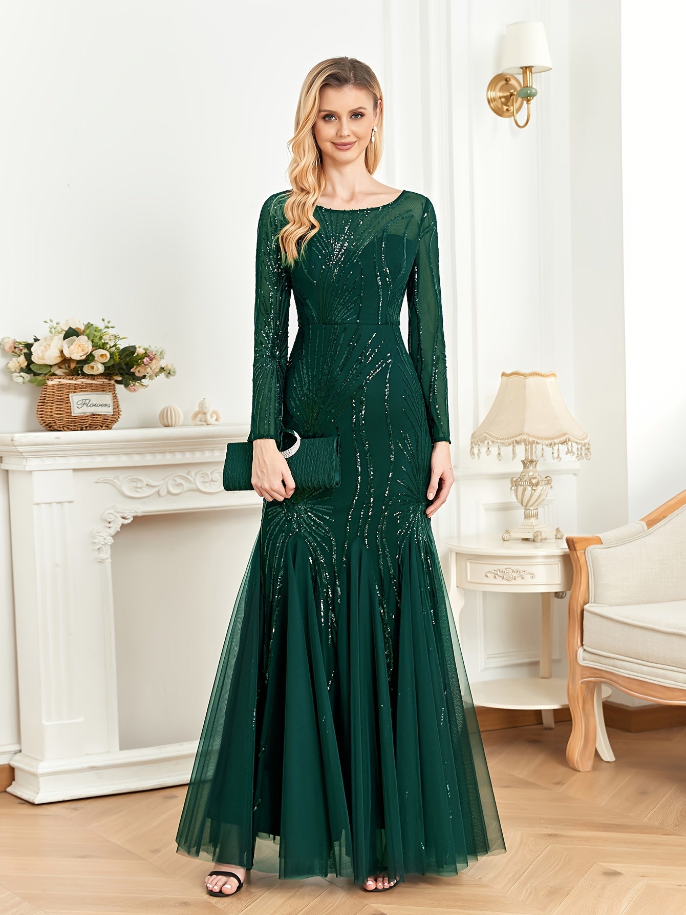 gbolsos Sequined Ruffle Mesh Splicing Dress, Elegant Long Sleeve Crew Neck Mermaid Hem Dress For For Party & Banquet, Women's Clothing