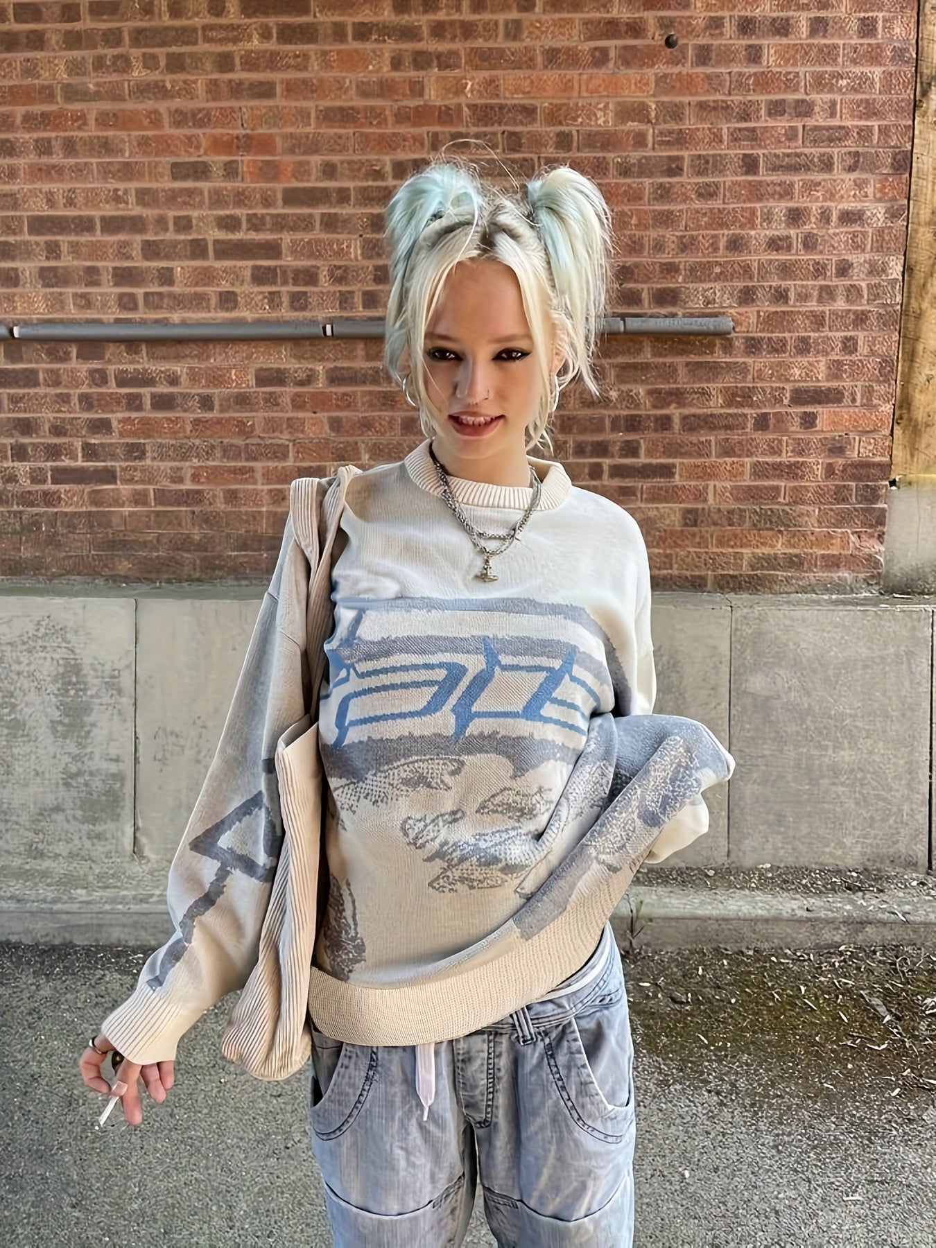 Y2K Long Sleeve Sweater, Loose Casual Sweater For Spring & Fall, Women's Clothing