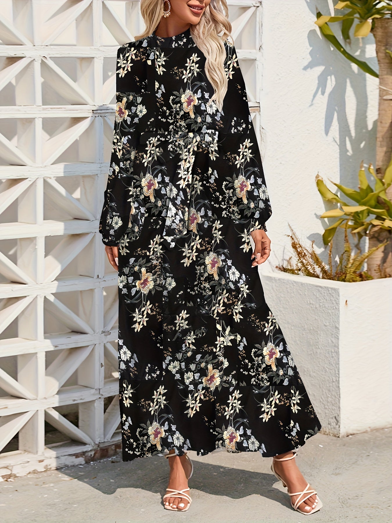 Floral Print Tie Waist Long Sleeve Dress, Crew Neck Casual Dress For Summer & Spring, Women's Clothing