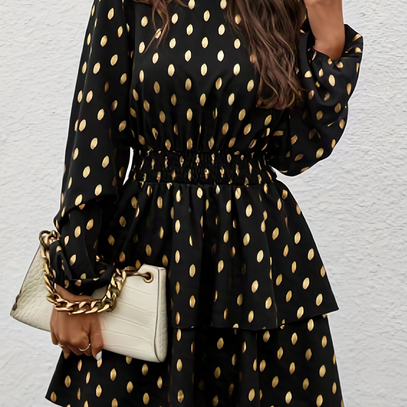 gbolsos Graphic Print Shirred Waist Dress, Casual Mock Neck Dress For Spring & Fall, Women's Clothing