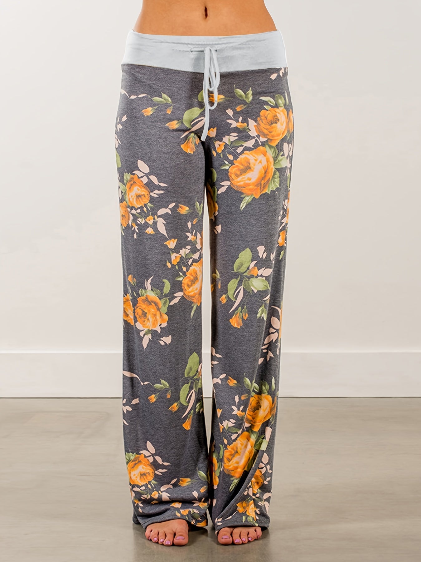 Loose Wide Leg Pants, Casual Yoga Low Waist Solid Floral Print Summer Comfy Pants, Women's Clothing