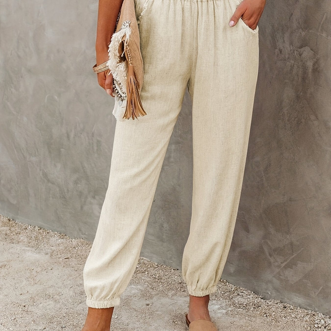 gbolsos Solid Ruched Pants, Casual Elastic High Waist Cropped Pants With Pockets, Women's Clothing