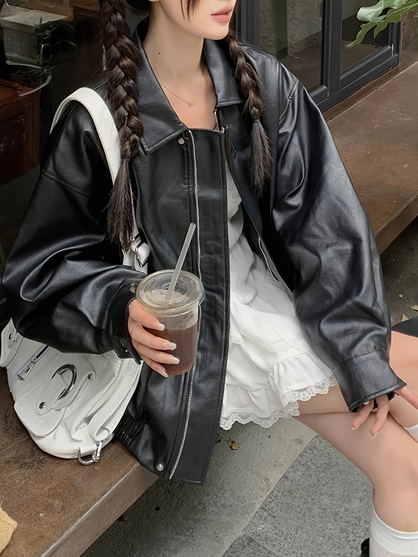 gbolsos Solid Faux Leather Zipper Jacket, Vintage Oversized Long Sleeve Outwear For Fall & Winter, Women's Clothing
