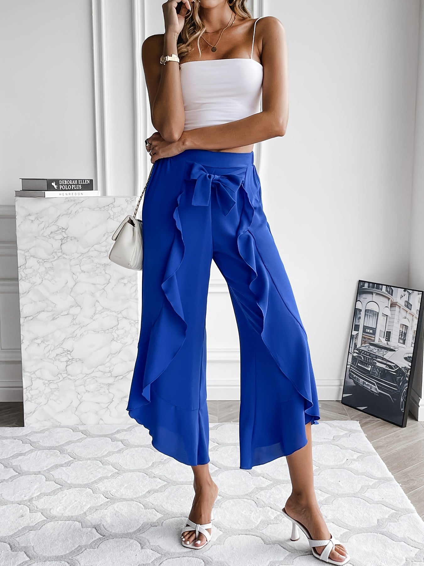 gbolsos Tie Front Irregular Ruffle Trim Pants, Casual Loose Pants For Spring & Fall, Women's Clothing