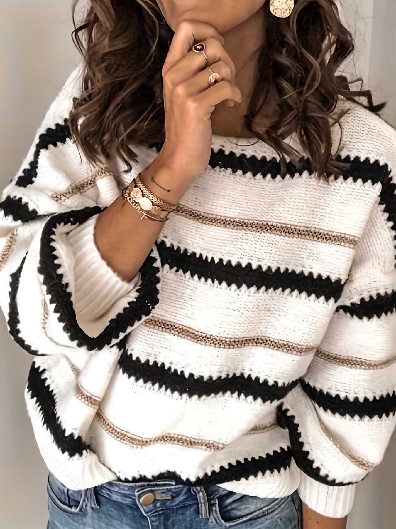 gbolsos Striped Pattern Crew Neck Knitted Top, Casual Long Sleeve Pullover Sweater For Fall & Winter, Women's Clothing