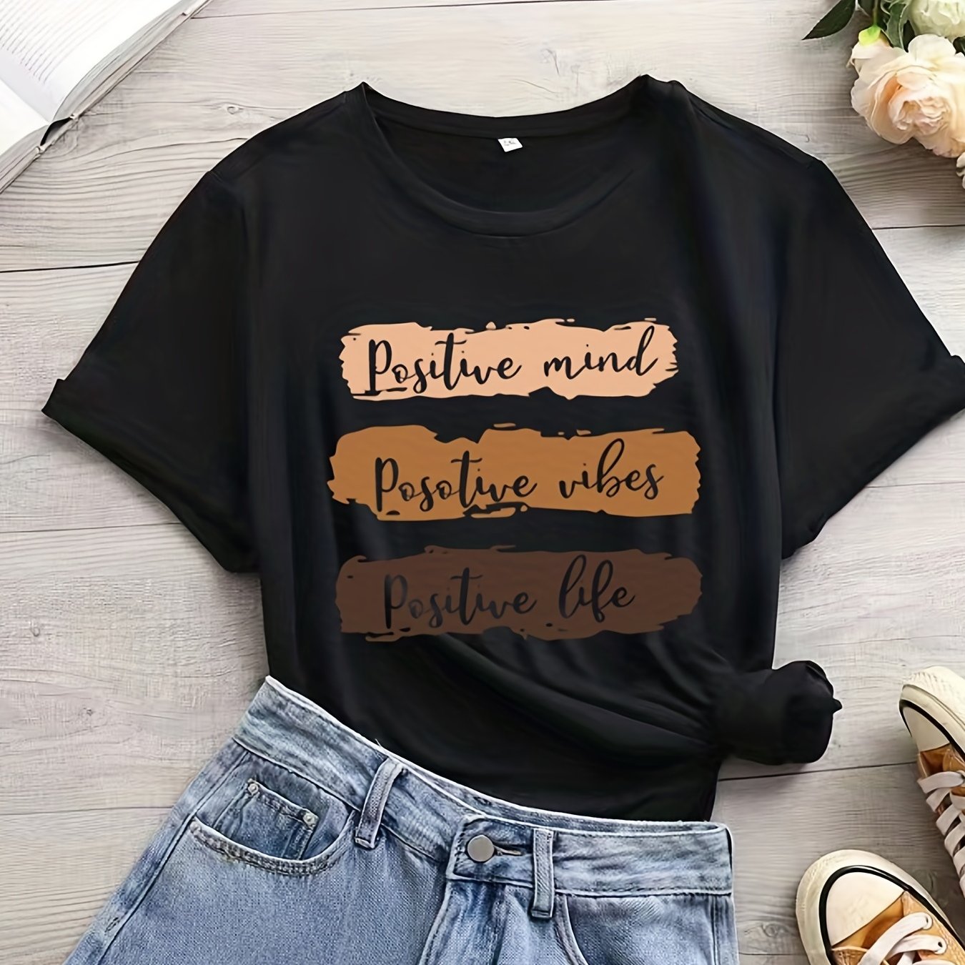 Plus Size Casual T-shirt, Women's Plus Letter Print Short Sleeve Round Neck Slight Stretch T-shirt