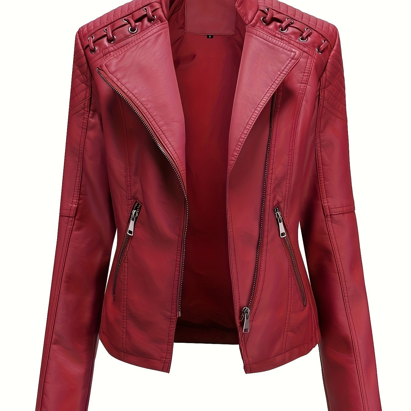 gbolsos Zipper Faux Leather Jacket, Casual Solid Long Sleeve Outerwear, Women's Clothing
