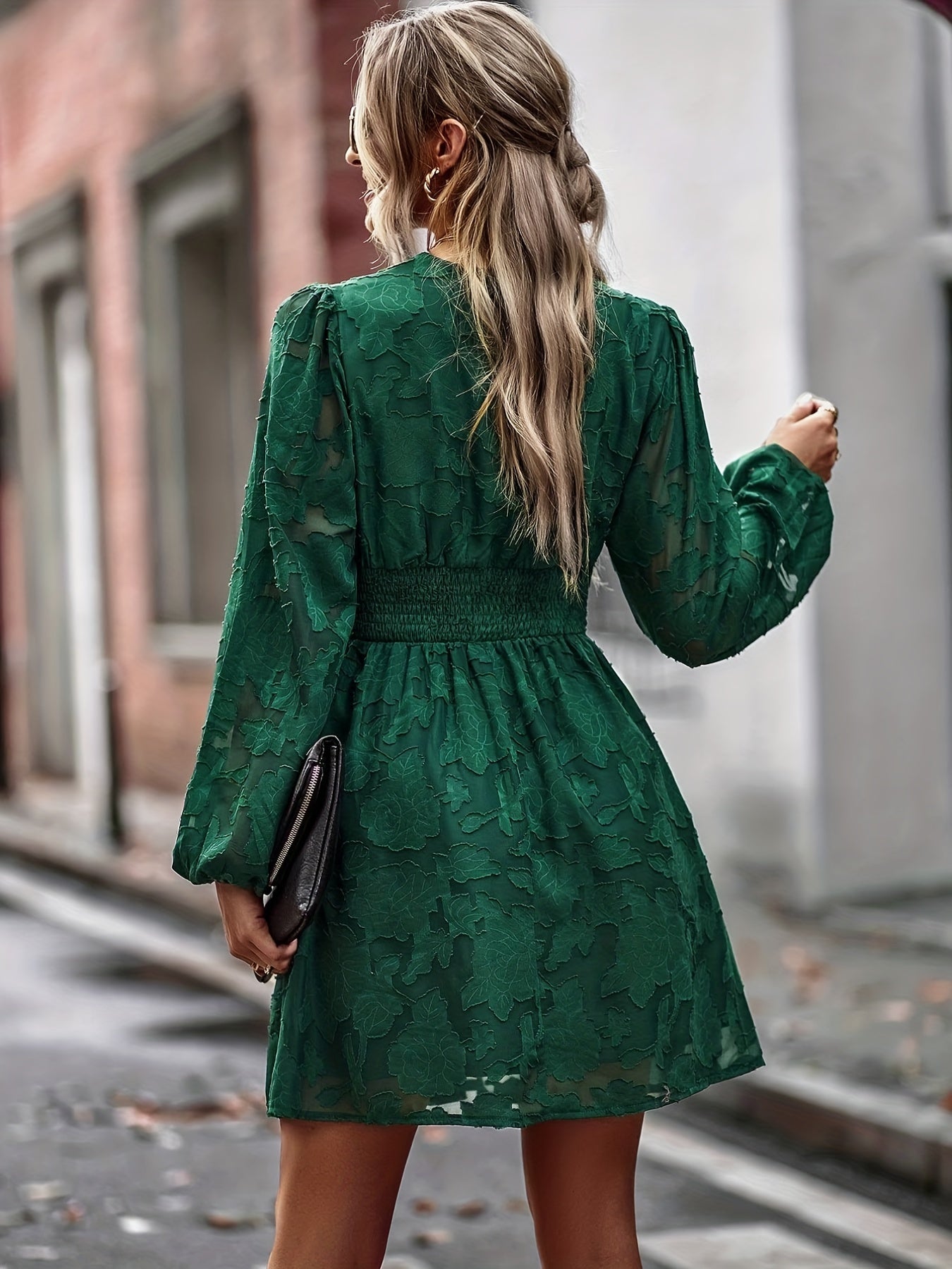 gbolsos Floral Jacquard Solid Dress, Elegant V Neck Long Sleeve Shirred Dress, Women's Clothing