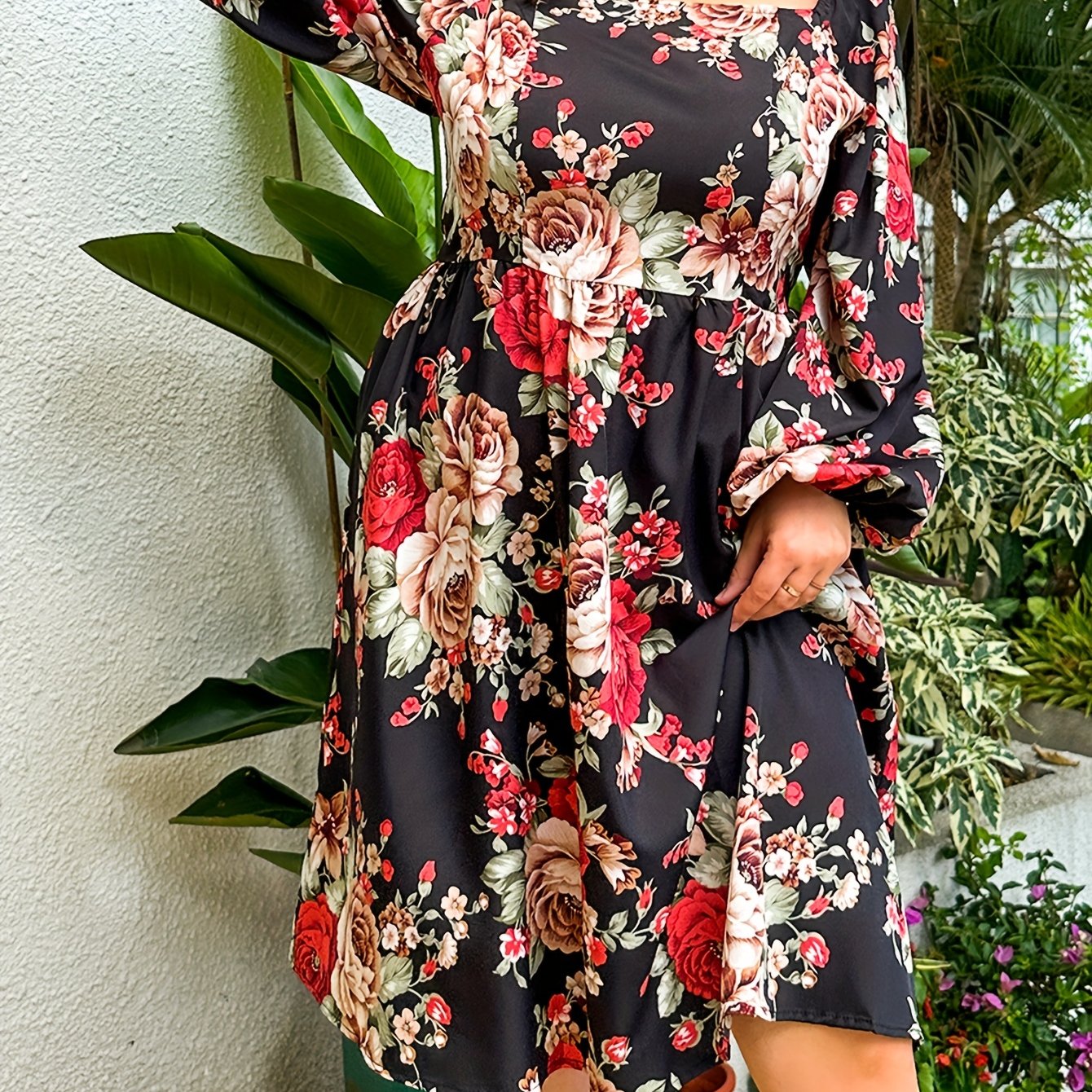 gbolsos Plus Size Elegant Dress, Women's Plus Shirred Ditsy Floral Print Lantern Sleeve Square Neck Nipped Waist Dress