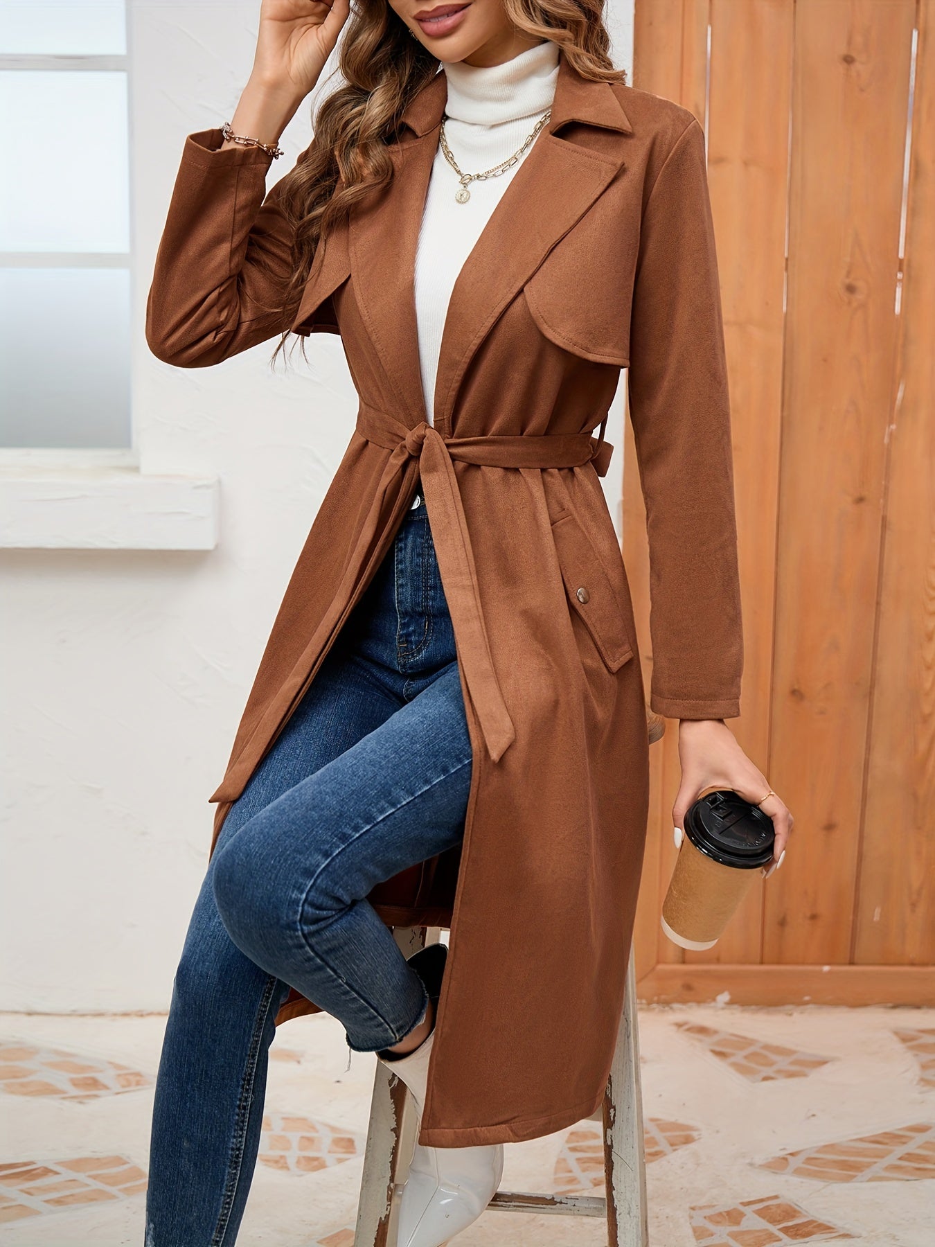 Comfy Belted Trench Coat, Elegant Lapel Neck Long Sleeve Coat, Women's Clothing