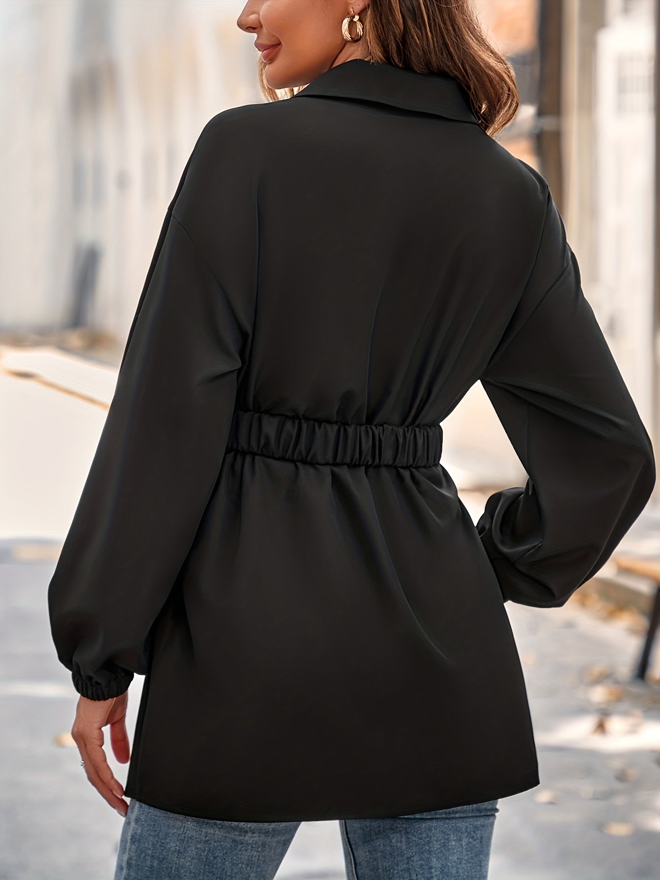 gbolsos Button Front Belt Blouse, Elegant Lantern Sleeve Lapel Blouse For Spring & Fall, Women's Clothing