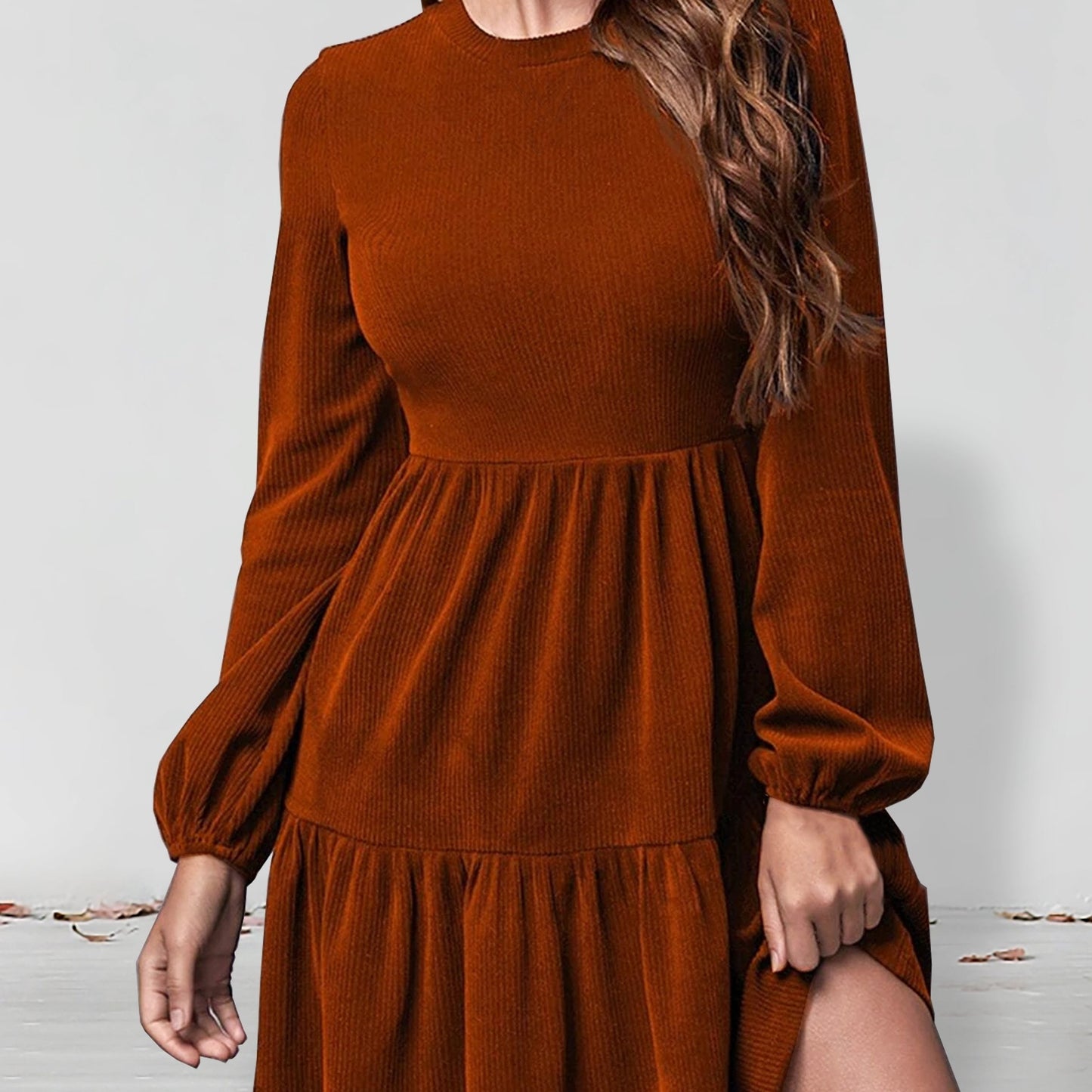 Solid Tiered Dress, Casual Crew Neck Long Sleeve Dress, Women's Clothing