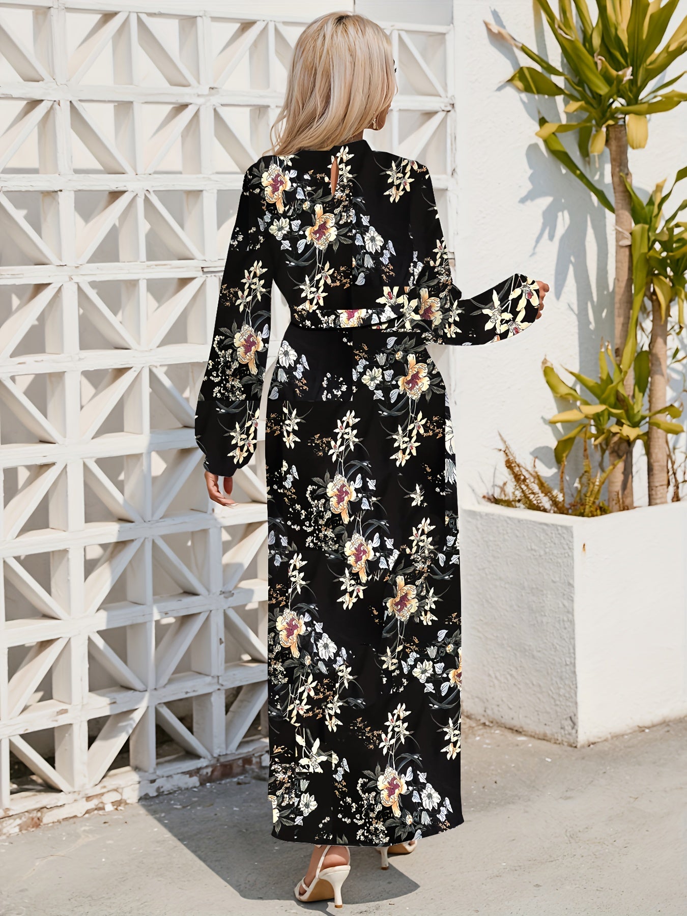 Floral Print Tie Waist Long Sleeve Dress, Crew Neck Casual Dress For Summer & Spring, Women's Clothing